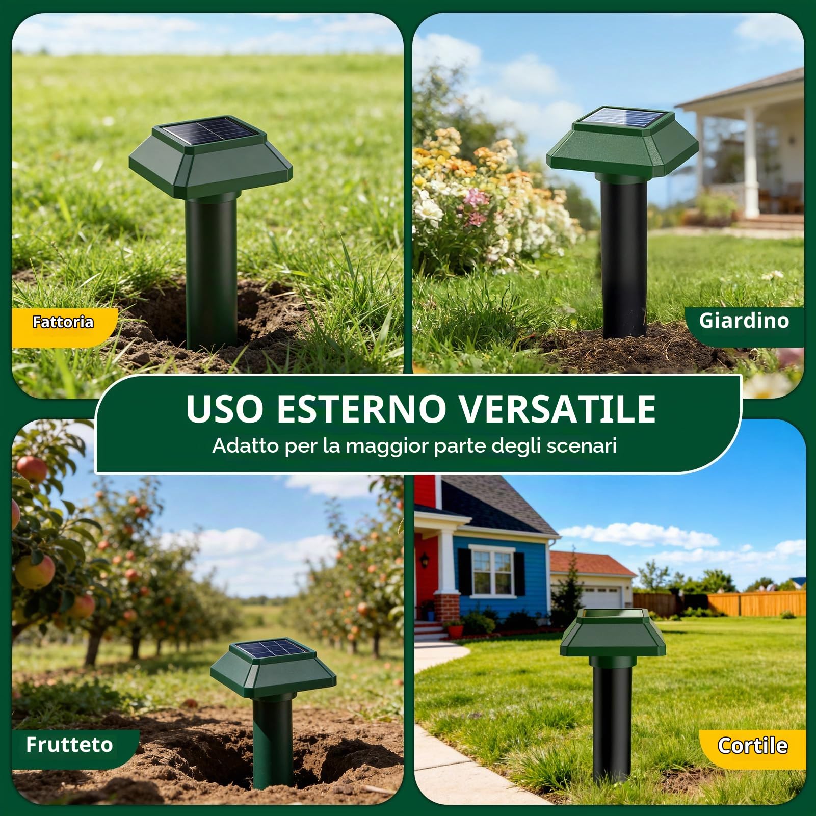 Spaventatore da Giardino, 4 pezzi Dissuasori Per Talpe da Esterno con Pannello Solare, Area Efficace di 7500 piedi quadrati e Protezione dall'Acqua, Repellente per Talpe, Ratti e Serpenti.