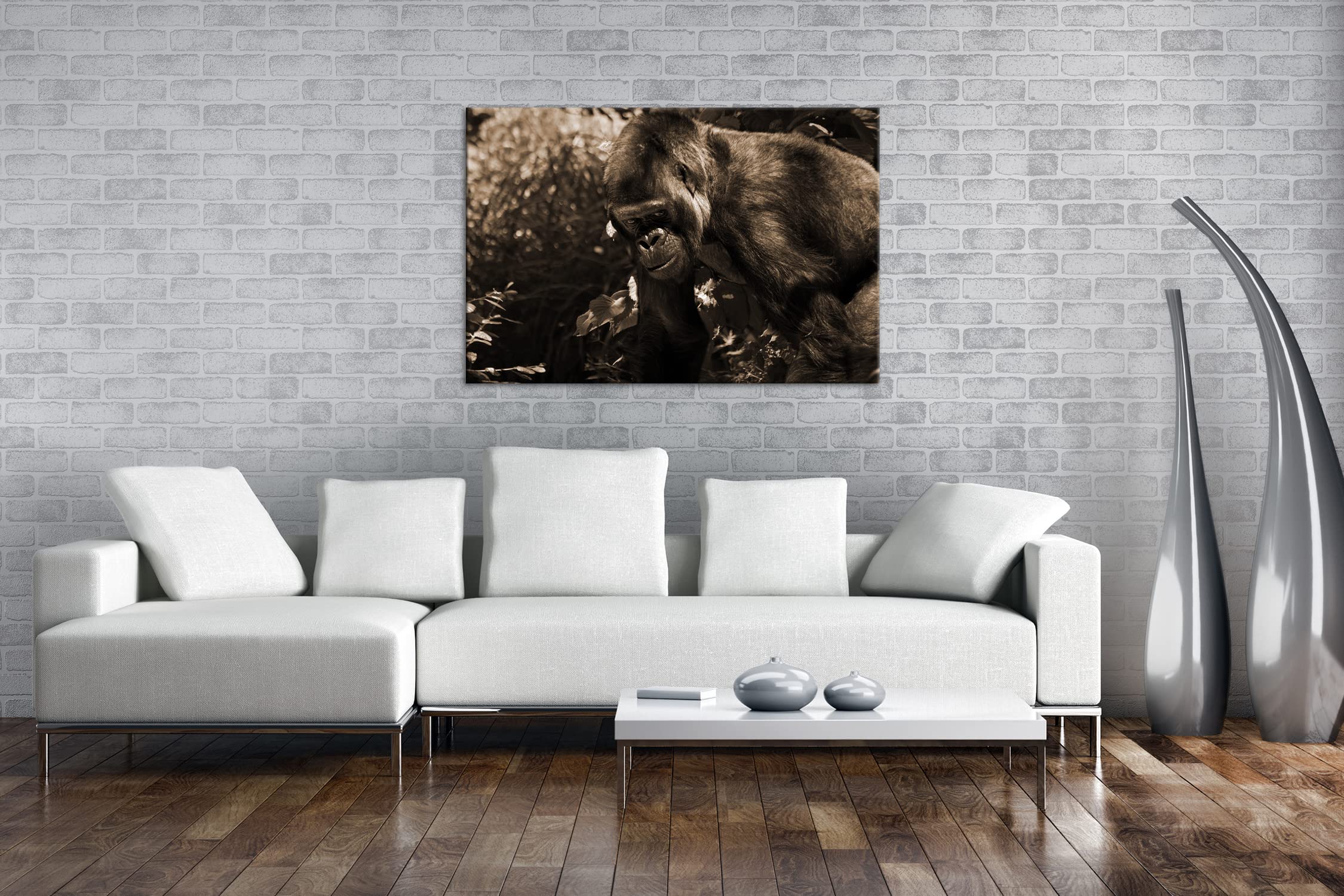 Grande formato Gorilla Formato: 120 x 80 Effetto: Seppia su tela, motivo già incorniciato su cornice in vero legno, stampa digitale di alta qualità, senza poster o manifesto