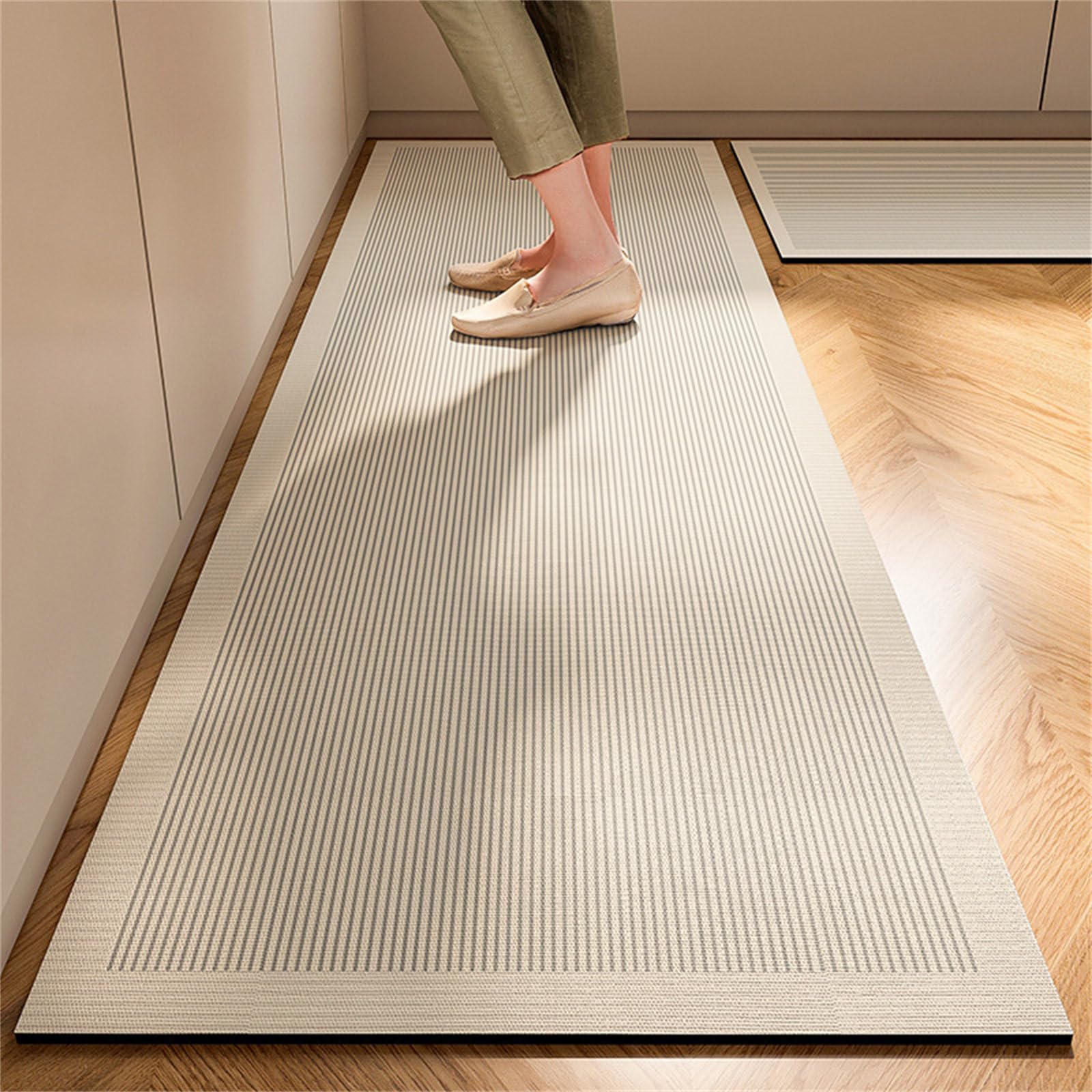 Highdi Kitchen Rug, Beige Lines Kitchen Mat Door Mat Kitchen Mats non Slip Washable, Water Absorbent Quick Drying Kitchen Rugs for Entryway, Laundry Room, Hallways (Light brown,60x180cm)