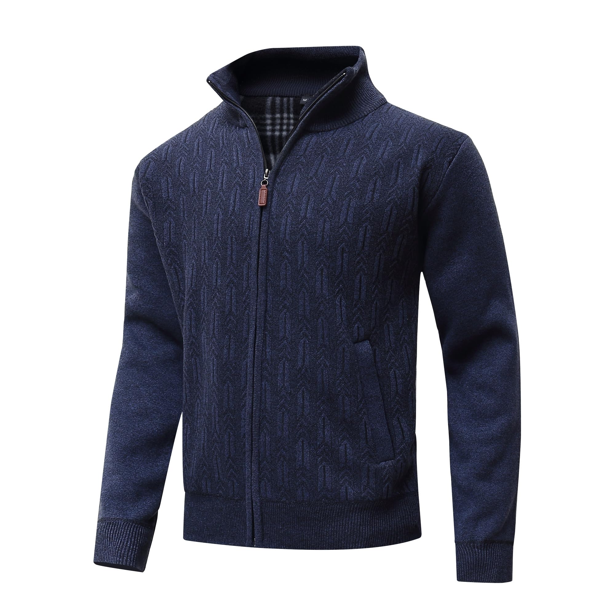 Cárdigan de Punto para Hombre Cálido Chaqueta Cuello Alto Cremallera Forro Polar Slim Fit