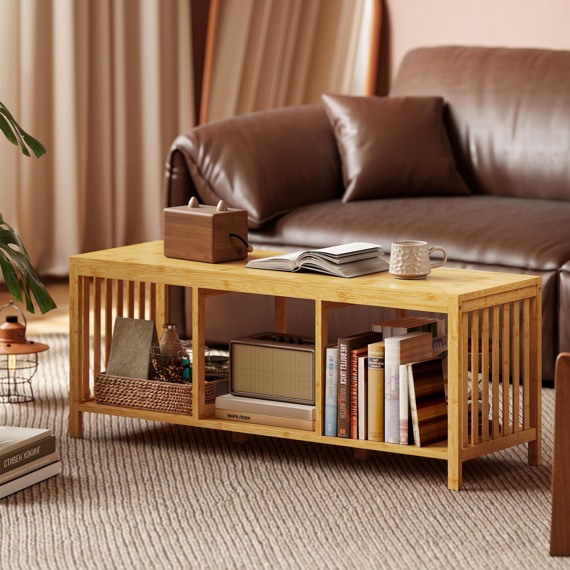 HOMCOM Schuhbank mit Sitzfläche mit Stauraum 102 x 33 x 45 cm Naturholz | Schuhregal, Sitzbank aus Bambus mit Offener Ablage, Leinenoptik, für Flur und Eingangsbereich