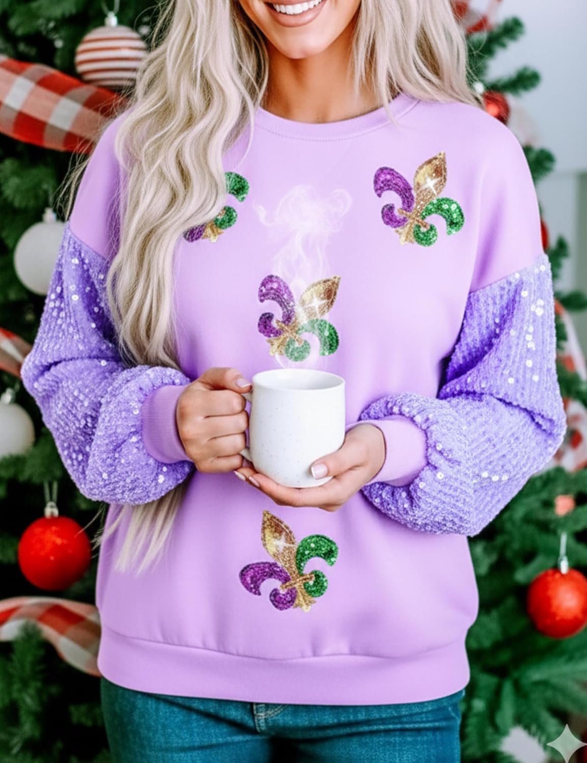 Mardi Gras Sequin Shirts for Women Patchwork Sparkle Fleur Graphic Long Sleeve Top Holiday Casual Tee - Image 5