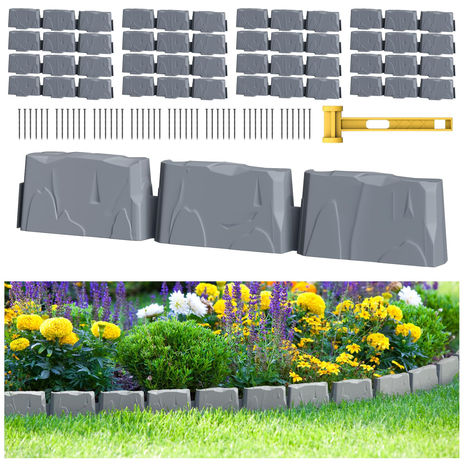 16Pcs No Dig Landscape Edging 24 Foot Dark Grey