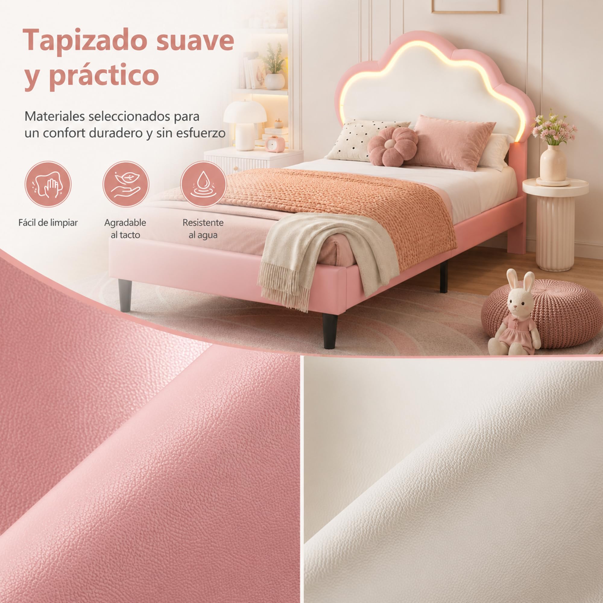 Cama infantil niña 90 x 200 cm, cama infantil nube con LED, cabecera ajustable en altura en forma de nubes, somier de láminas, camas acolchadas para 1 persona para niña adolescente, PU, rosa+blanco