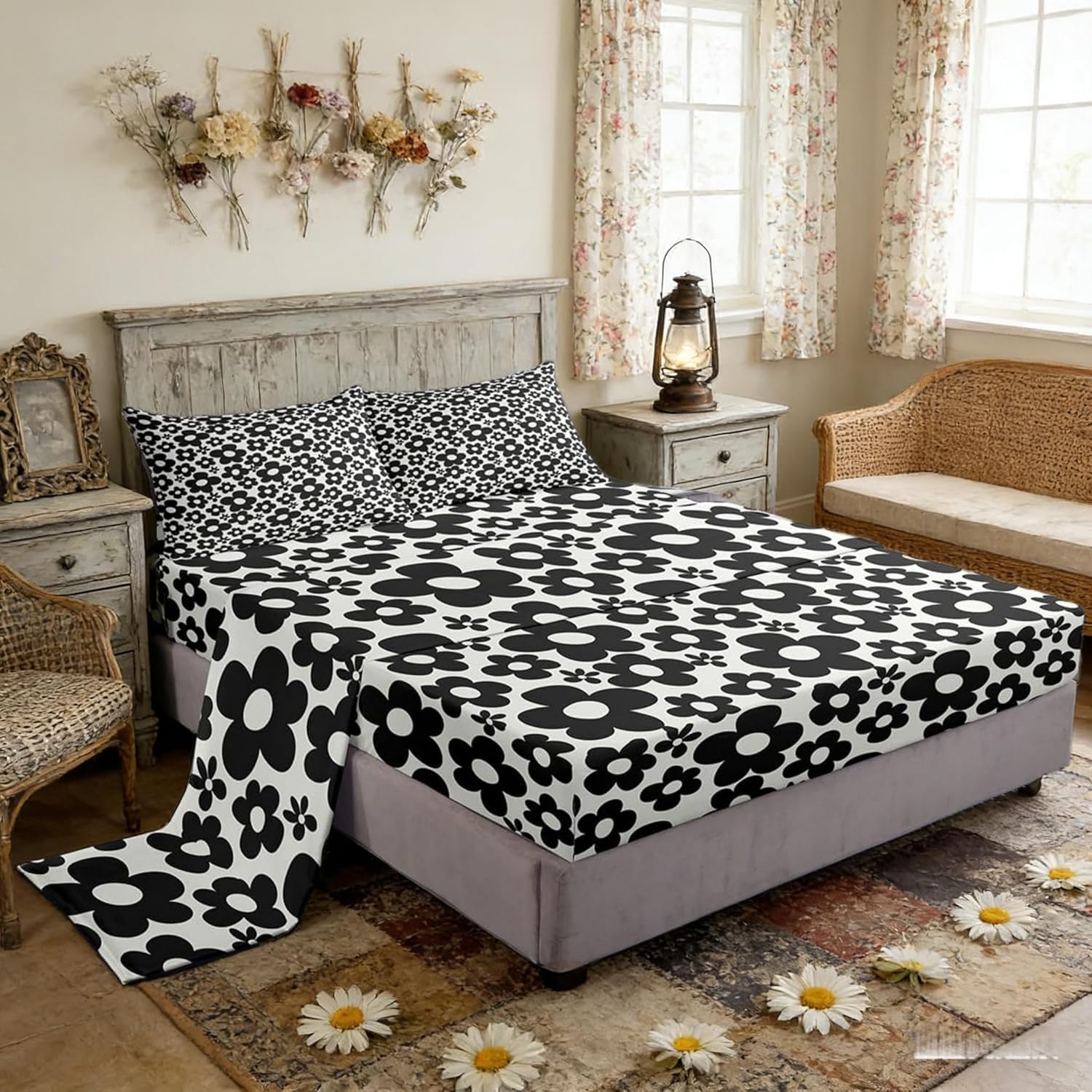 Castle Fairy 70s Groovy Hippie Flower Bed Sheet Set Full Size Wild Black White Plant Breathable Flat Sheet for Girls Teens Blooming Floral Boho Modern Style Sheets 4 Pieces with 2 Pillowcases