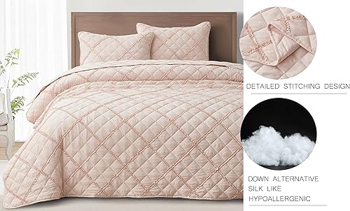 Vista 5 de Chezmoi Collection Annabelle - Juego de edredón de 3 piezas, color rubor, tamaño Queen, con volantes, lavado a la piedra, súper suave y ligero