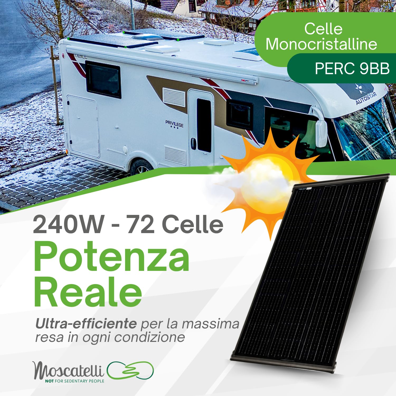 MOSCATELLI Pannello Solare Camper 240W Black Boost Monocristallino PERC Kit Pannello Solare per Camper con Profilo integrato in Alluminio Nero per fissaggio al tetto - SENZA REGOLATORE