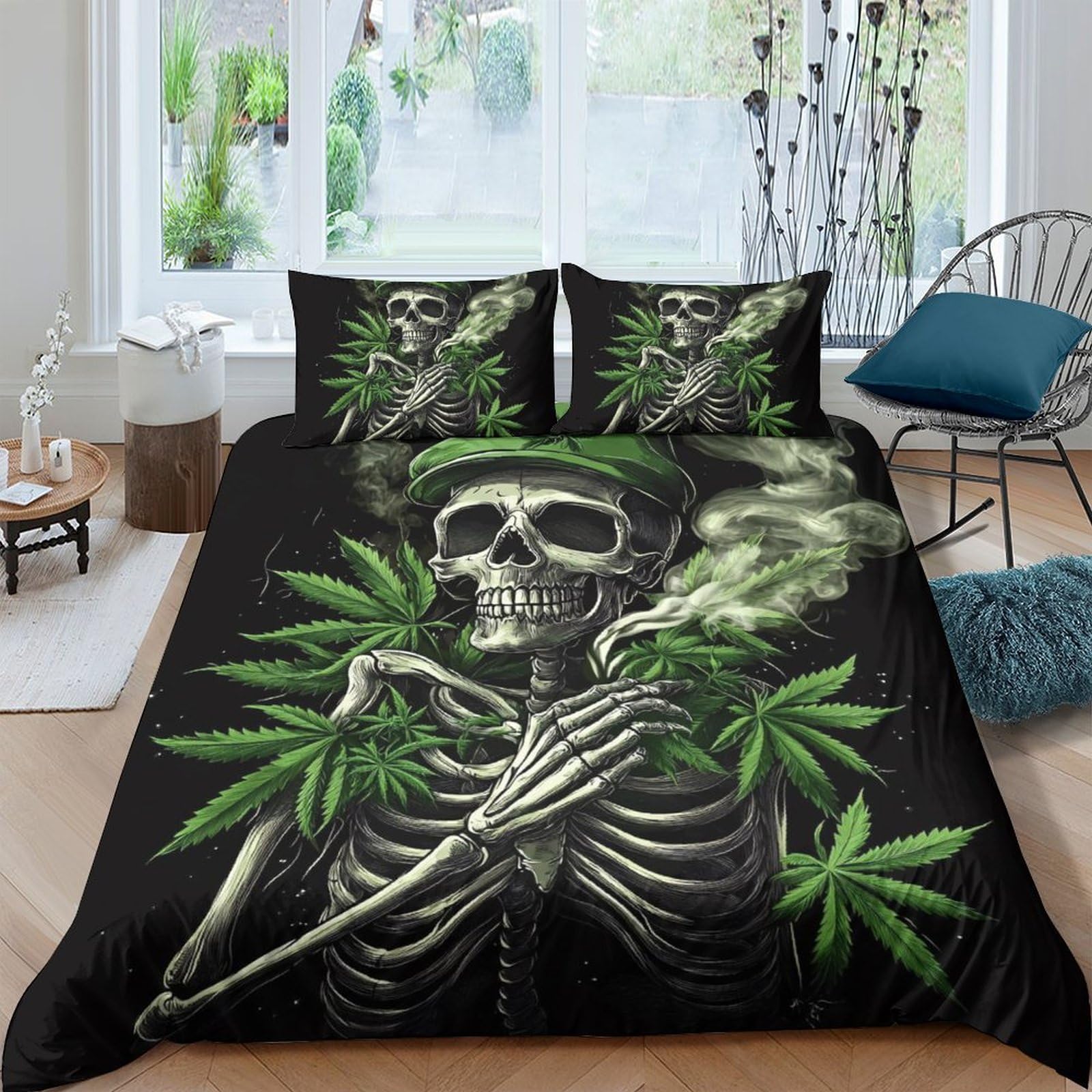 Ctjqhvkz Style-6 3D Printed Smoking Skeleton Fitted Sheet Microfiber Soft Black Cannabis Leaves Bed Cover For Bedroom Dorm Decor Single（135X200cm）