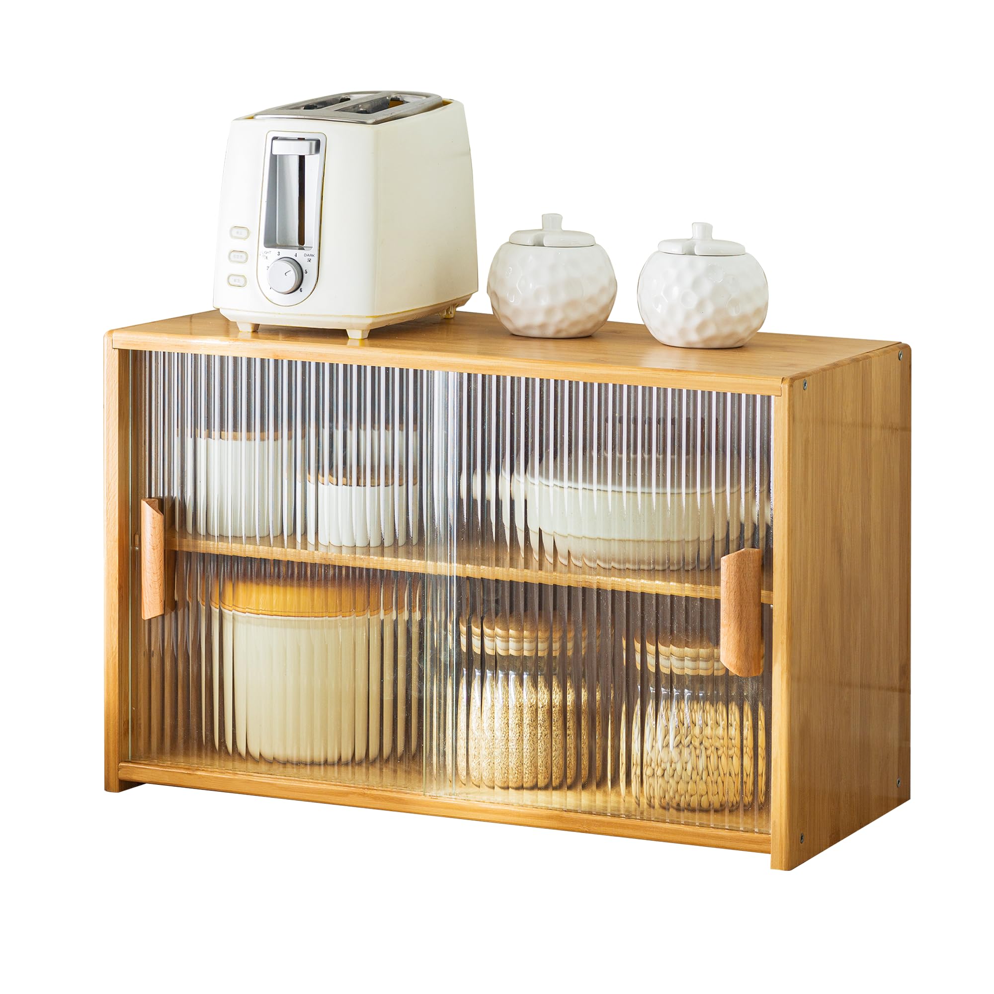 Organizzatore da Cucina in Bambù, Vetrina con Ante Scorrevoli in Vetro, Armadietto Multiuso da cucina, soggiorno,camera da letto 55x28x34cm colore Legno Naturale