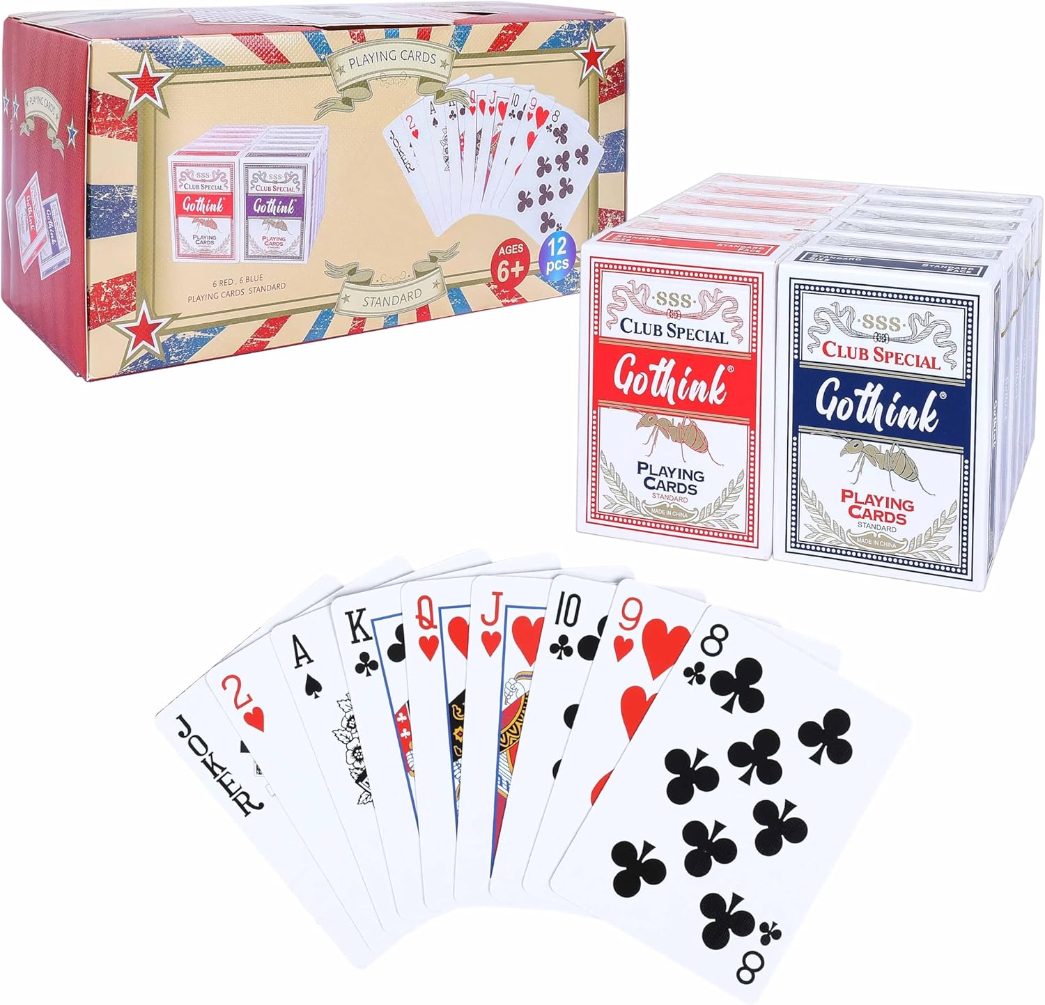 GOTHINK 12 Pack Standard Playing Cards with Plastic Coating,Poker Size Deck of Cards Index in 6 Red and 6 Blue,Paper Stock with Blue Core Construction,Casino Grade,Family Game Poker Toy Gifts