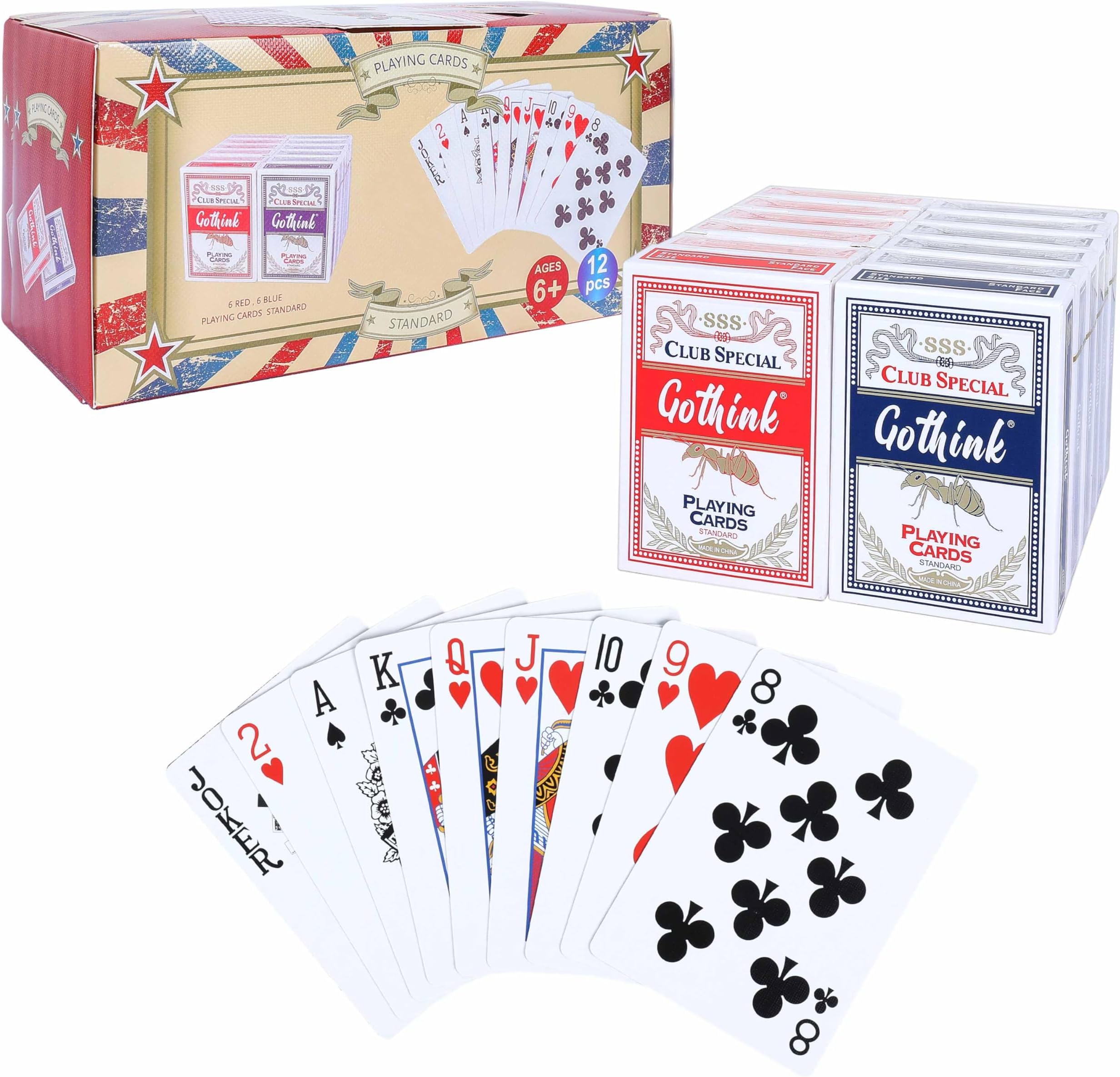 – 12 Pack Playing Cards Standard, 6 Red & 6 Blue, Plastic Coated Poker Size Cards, Blue Core Paper Stock, Casino Grade for Poker, Family Games & Gifts
