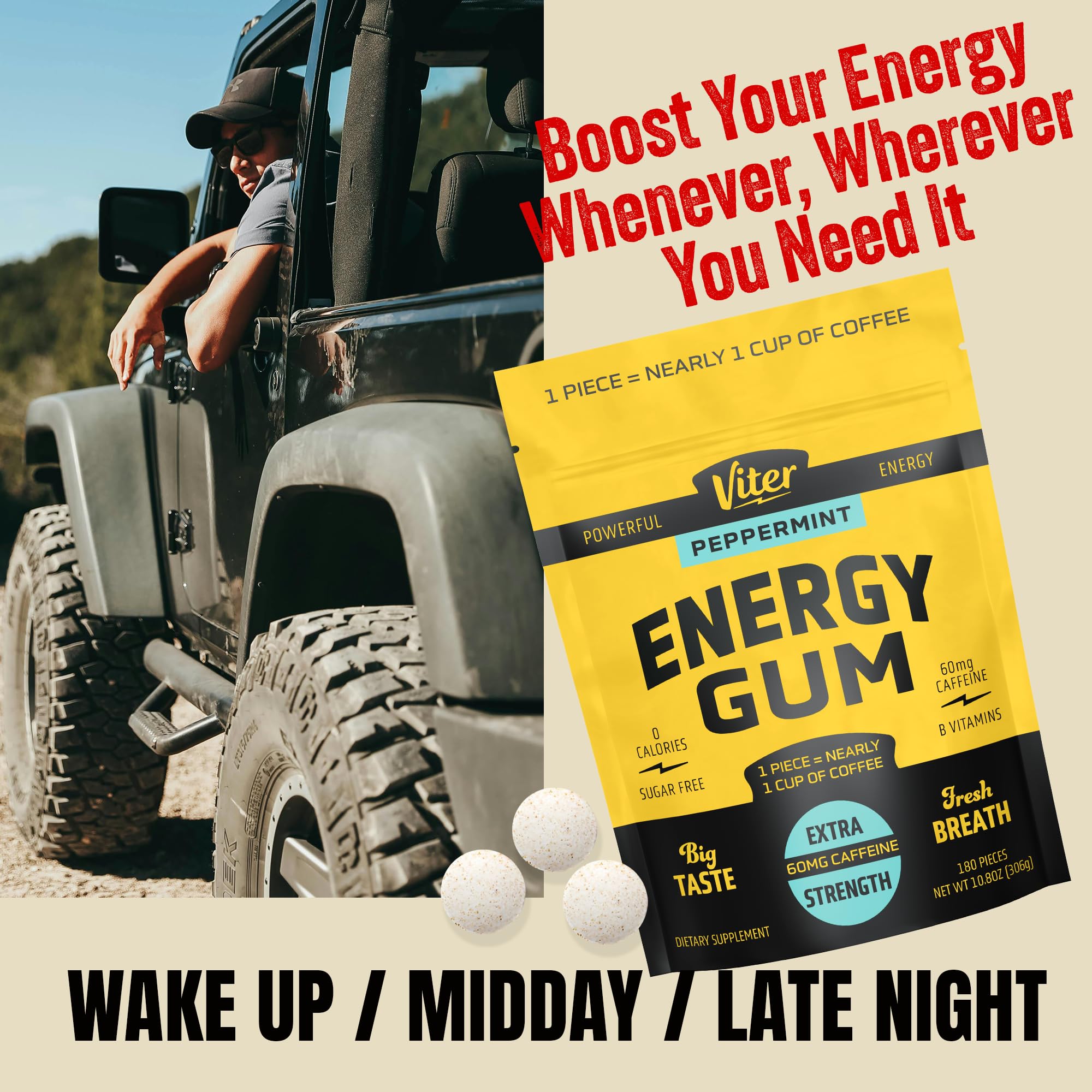 Viter Energy Caffeine Gum 60mg, Sugar Free, Peppermint, 180ct Bulk Bag — Amazon image 7
