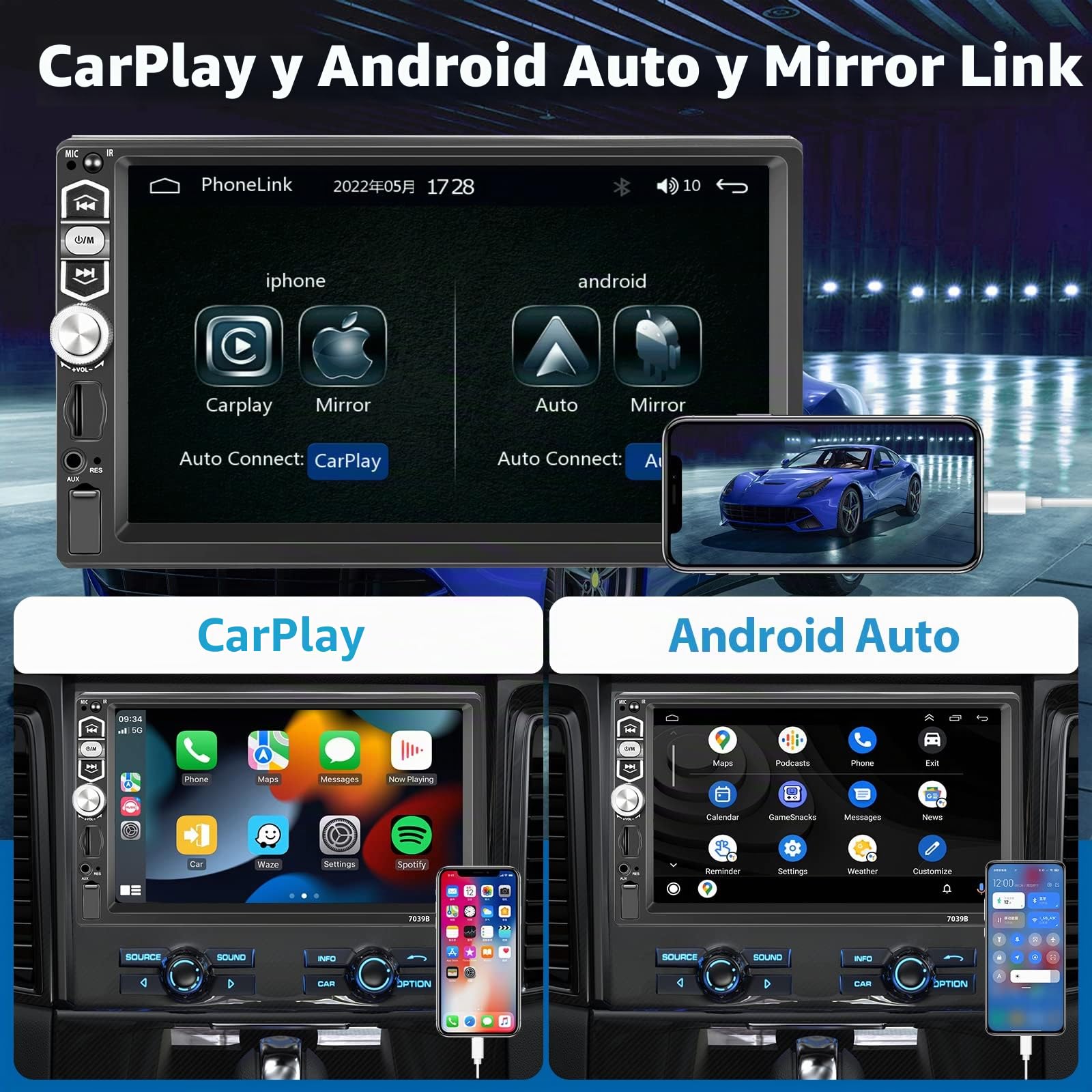 Radio Coche 1 DIN 7 Pulgadas Pantalla Táctil con CarPlay Android Auto Mirror Link, Hodozzy Pantalla 1 DIN Bluetooth 5.1, Reproductor MP5 Coche Estéreo 1 DIN USB/TF/Aux, Radio FM, EQ, Cámara | Hodozzy Pantalla 1 Din Bluetooth 5.1, Reproductor MP5 Coche Est