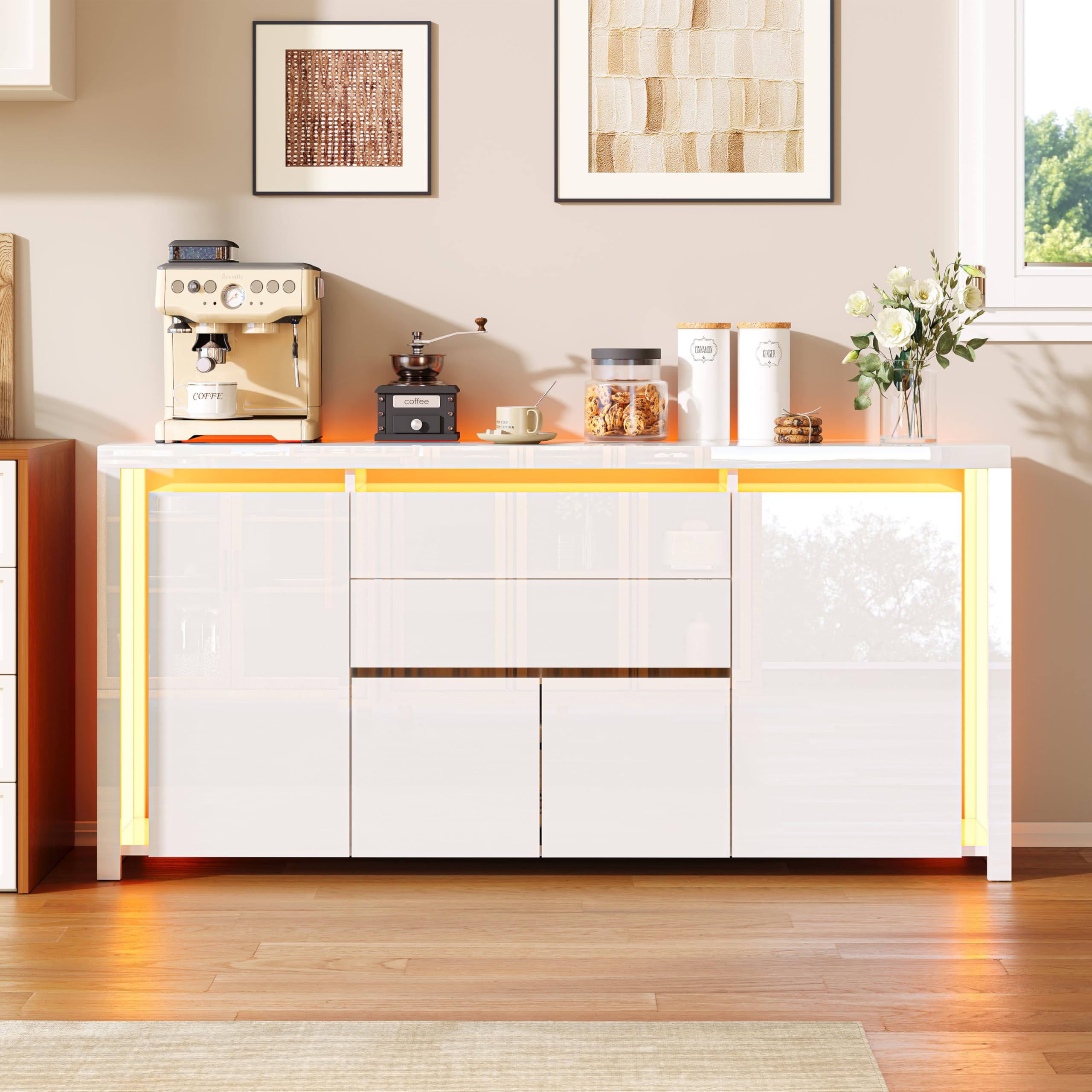 Sideboard mit 4 Türen und 2 Schubladen, Küchenschrank mit LED-Beleuchtung, Buffetschrank mit Stauraum für Küche und Esszimme, Kommode, TV-Schrank (Weiß, 160 x 76 x 35 cm)