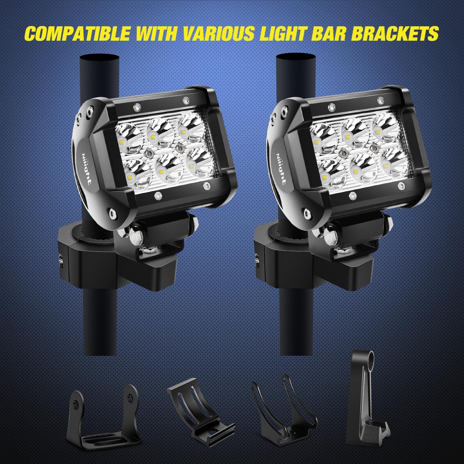 Nilight 90023D 4-Pack Standard 4PCS Mounting Bracket Kit LED Off Road Light Vertical Bar Tube Clamp Roof Roll Cage Holder,2 Years Warranty Black