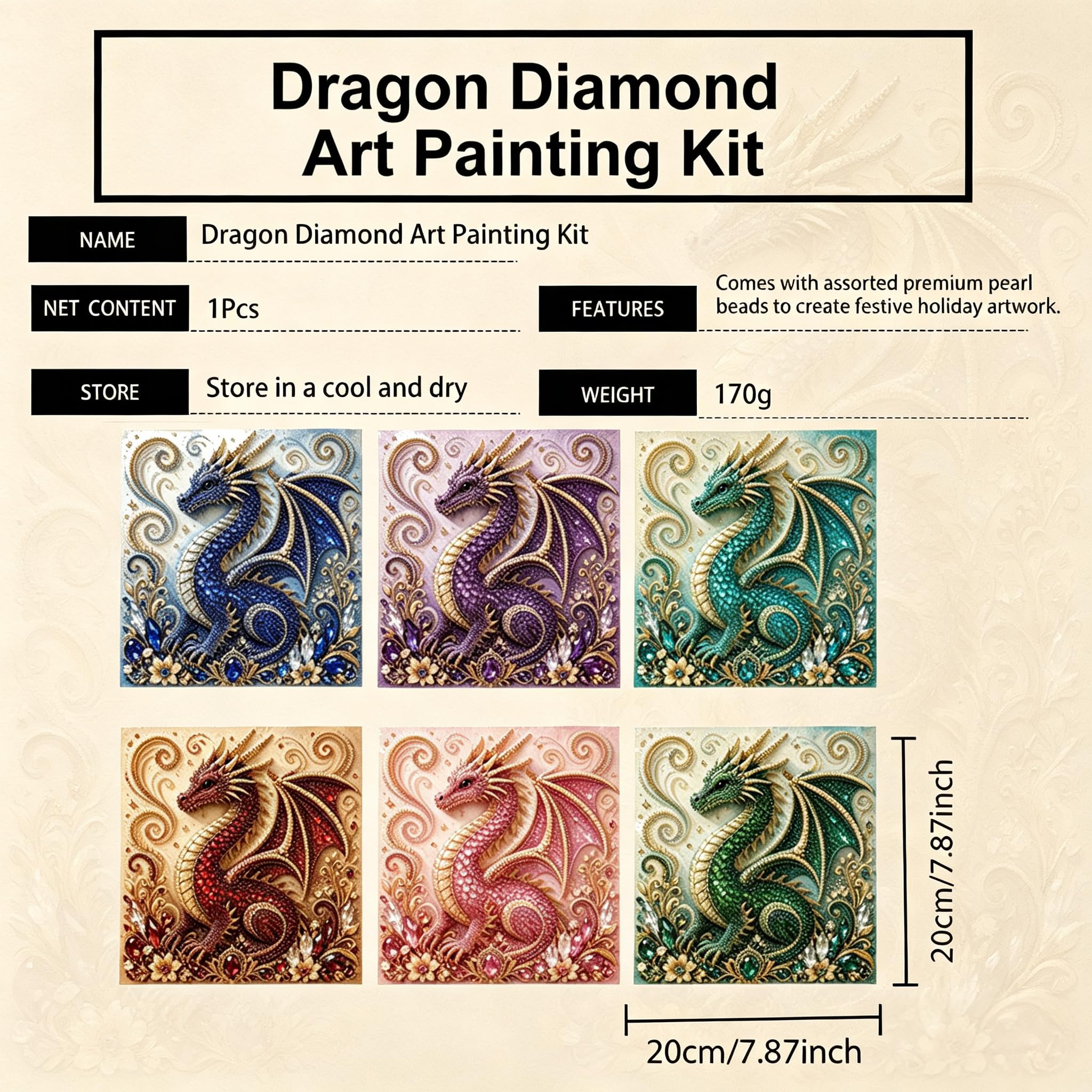 Drachen Diamantmalerei Bausatz 20x20cm, 6 Designs DIY Mosaik (6PCS)