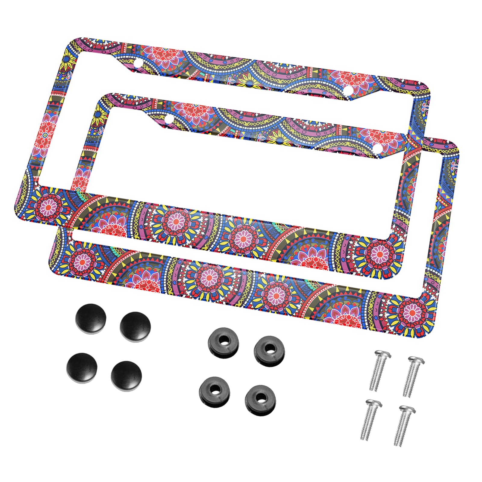 HOSNYE Oriental Mandalas License Plate Frame Black 2 Pcs Hippie Kaleidoscope Elements Metal Cute Licenses Plates Frames Licenses Plate Covers Car Tag Frame for Women Men US Vehicles
