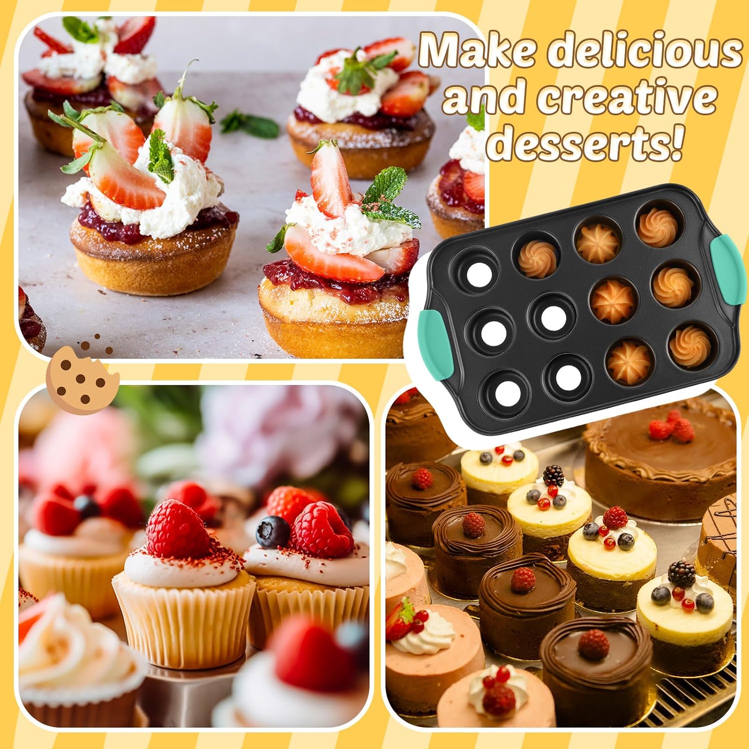 Uiifan 3 Pack Mini Cheesecake Pans Removable Bottom 12 Cavity Mini Cupcake Pan with Silicone Handle Nonslip Anti Heat Nonstick Carbon Steel Muffin Mold 13" x 8" Baking Molds(Mint Green)