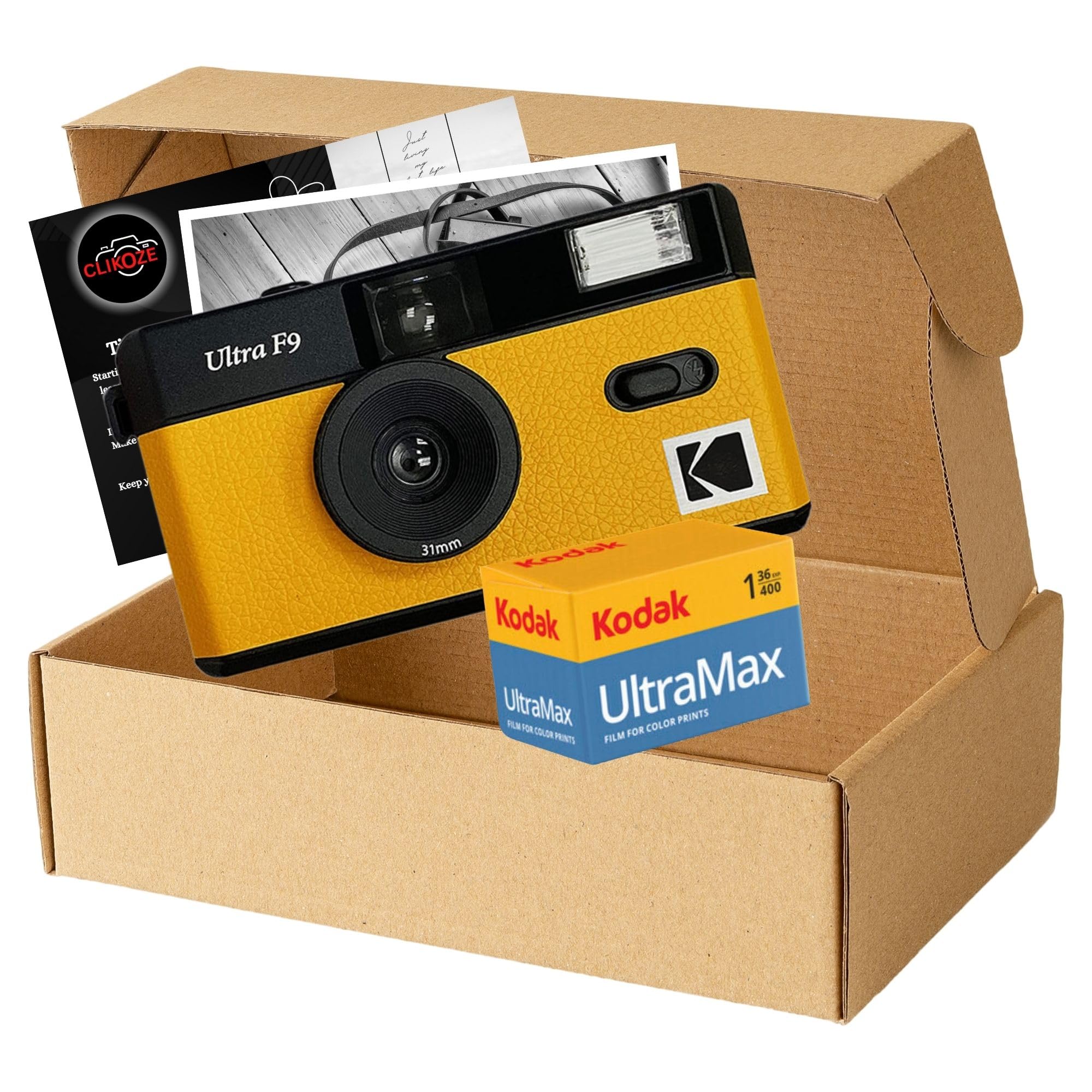 La confezione include una fotocamera a pellicola Kodak Ultra F9 gialla, una pellicola Kodak Ultramax da 35 mm, 36 esposizioni e una scheda di suggerimenti per la fotografia con pellicola Clikoze