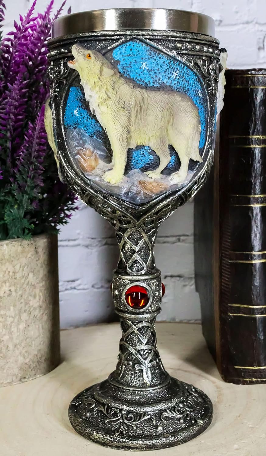Ebros Gift Celtic Magic Knotwork Direwolf Gray Wolf Howling By Mountain Starry Night Sky Beverage Drinkware Serveware With Stainless Steel Cup Liner Figurine (Wine Goblet)