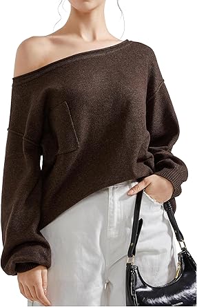 SUUKSESS Women Off The Shoulder Fall Sweaters Long Sleeve Boat Neck Oversized Pullover Sweater Tops