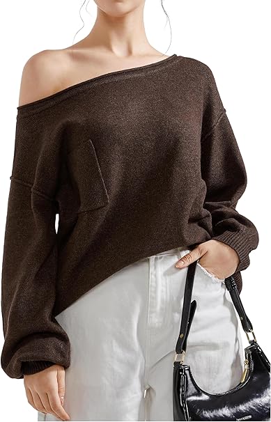 SUUKSESS Women Off The Shoulder Fall Sweaters Long Sleeve Boat Neck Oversized Pullover Sweater Tops