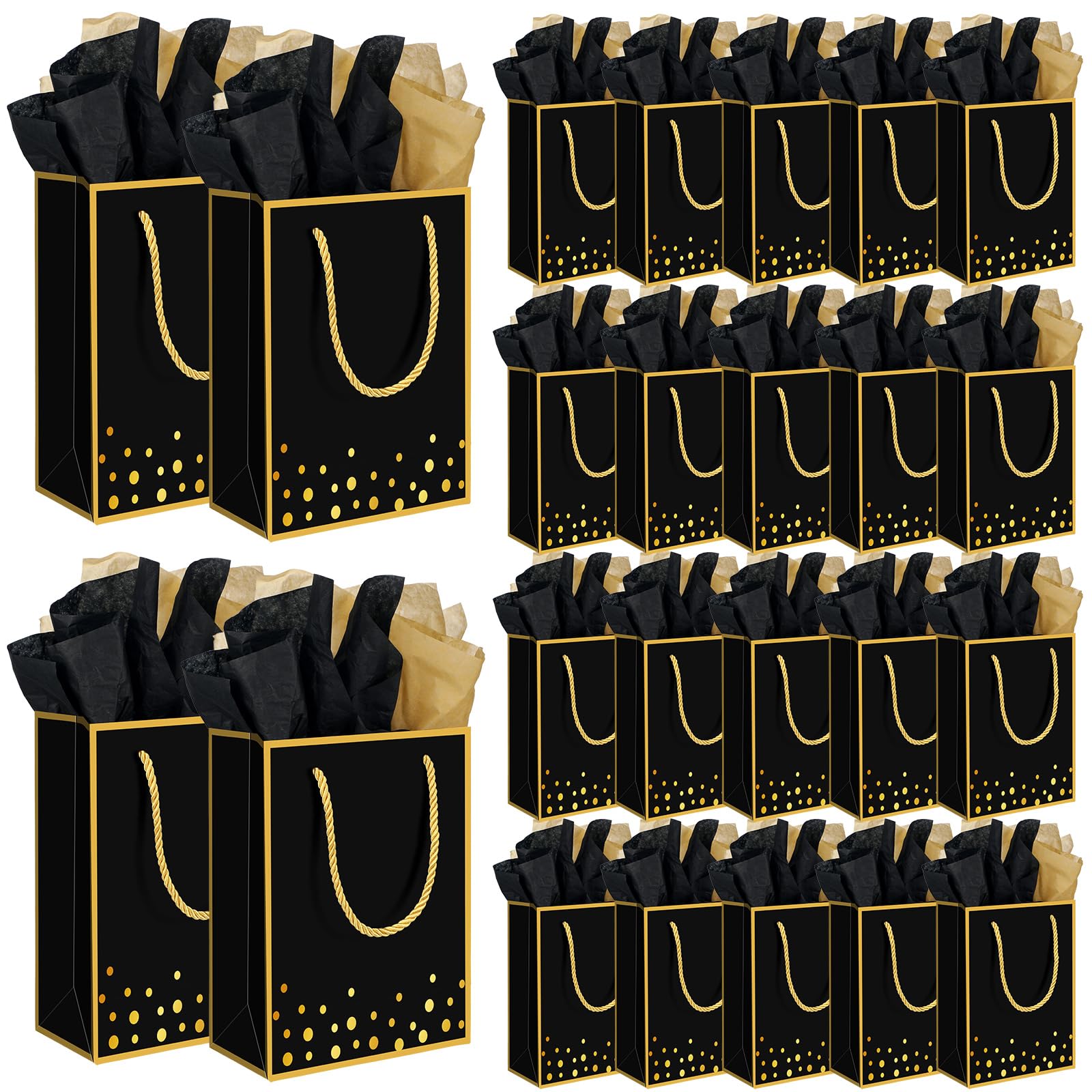 Skyygemm 24pcs Black and Gold Paper Gift Bags with Handle 5 x 4 x 2 Inch Thank You Gift Bags with Tissue Paper Gold Party Favor Bags for Wedding Graduation Birthday Party Gift Wrapping