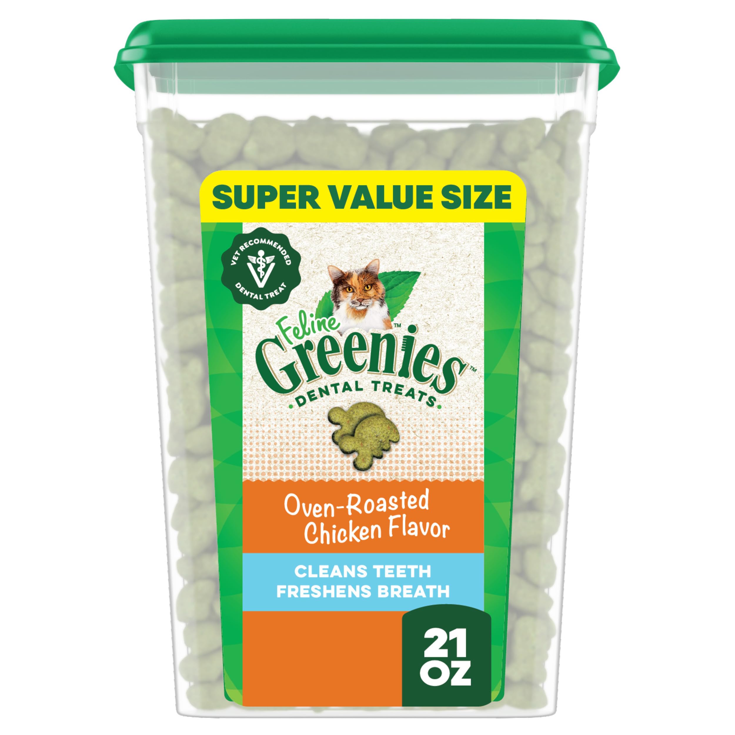 Greenies Feline Adult Dental Cat Treats, Oven Roasted Chicken Flavor, 21 oz. Tub