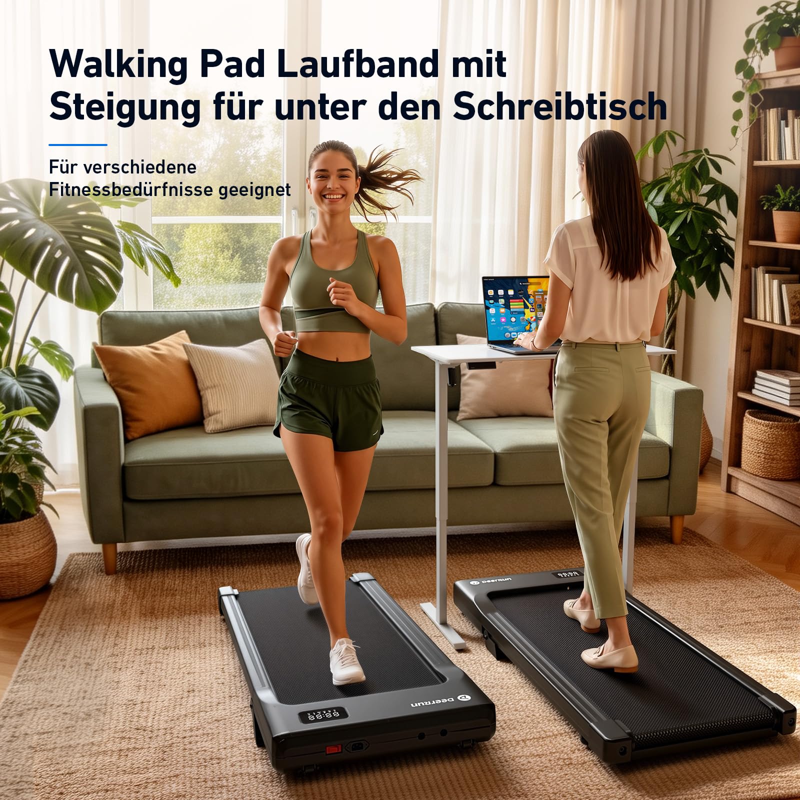 DeerRun Walking Pad mit 6% Steigung, Laufband für Zuhause und Home Office mit App, LED Anzeige und Fernbedienung bis 136 kg