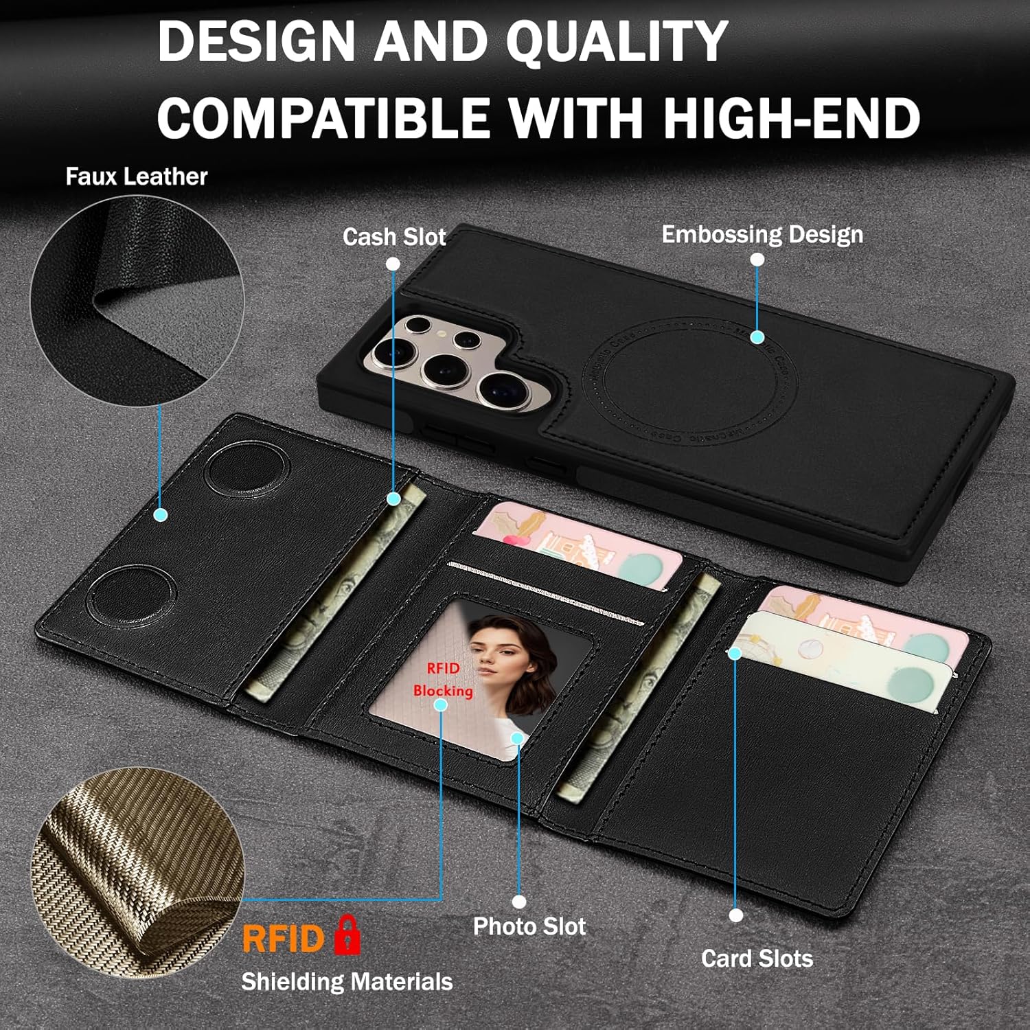 for Samsung Galaxy S24 Ultra Wallet Case, 2-in-1 Detachable Magnetic Wallet Case, Card Holder RFID Blocking, Fashionable Faux Leather Card Slot & Folding Design (Black) - Image 6