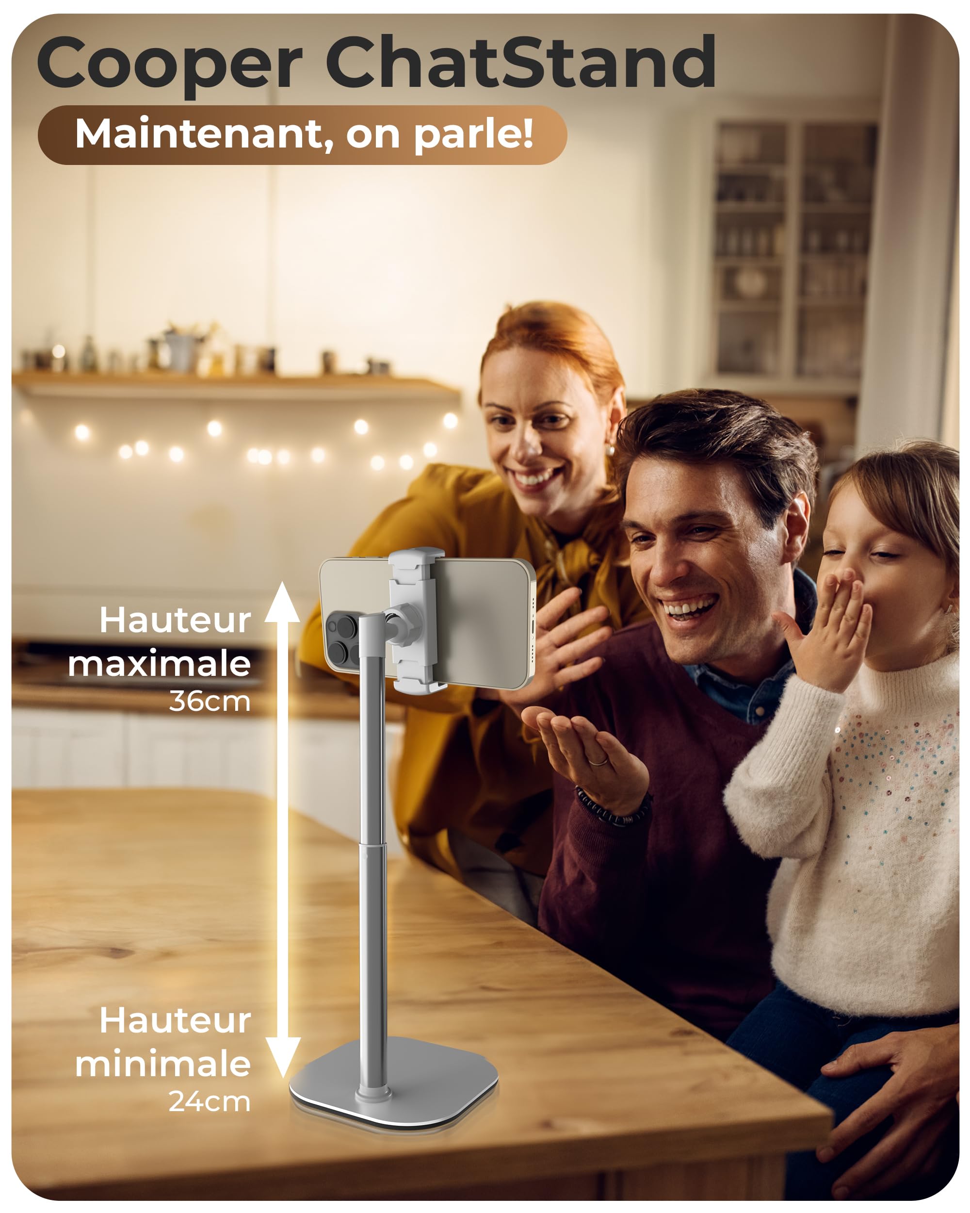 COOPER ChatStand 2-Pack - Support de Téléphone Réglable en Hauteur pour Bureau | Rotation, Inclinaison, Support Télescopique 9-13" à Vue Niveau des Yeux pour Bureau (Noir Nuit/Blanc Givré, 2 pièces) - 3