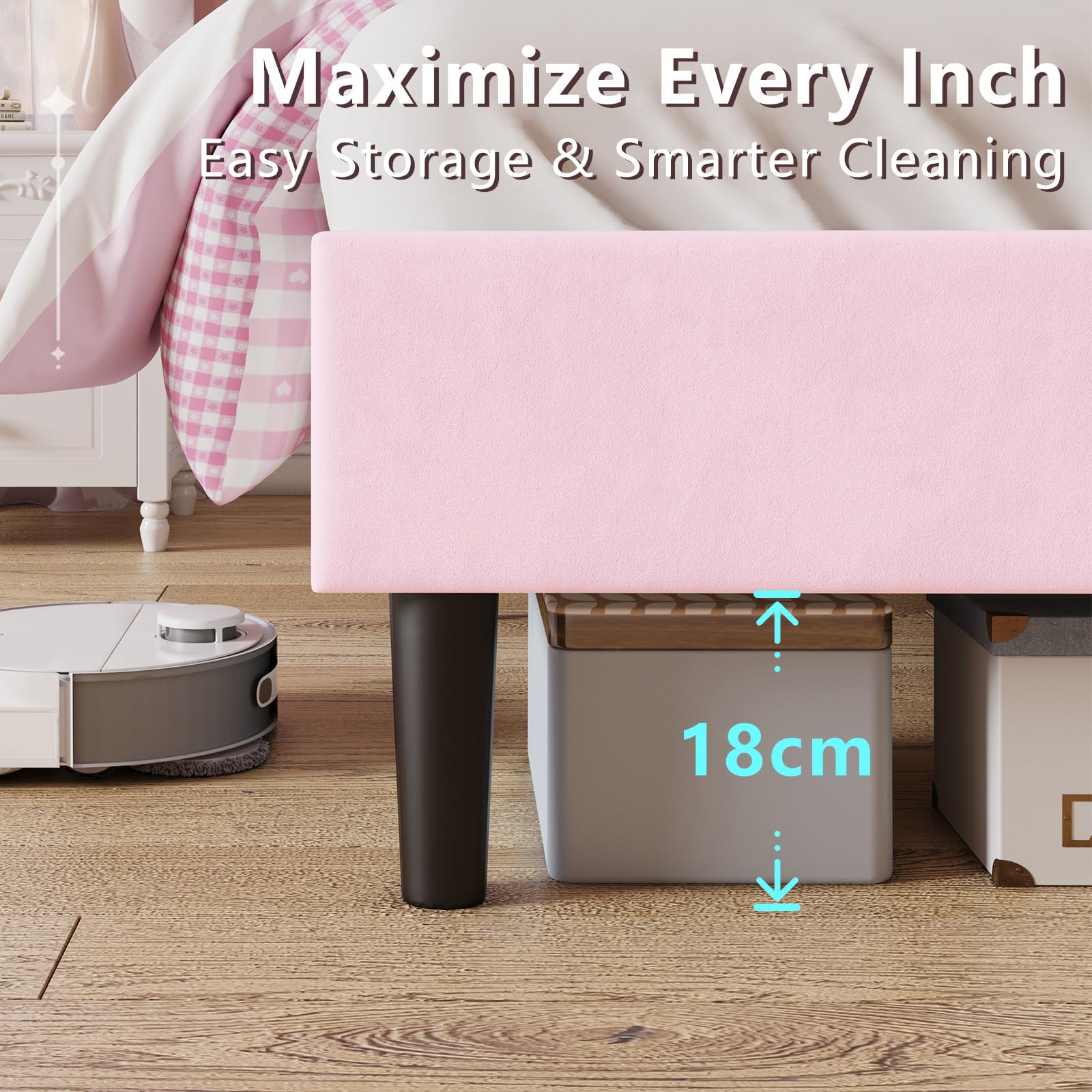 LUXOAK Cadre de lit 140 x 200 cm pour Fille, avec tête de lit en Forme de Nuage réglable, revêtement en Velours, éclairage RGB, Espace de Rangement de 18 cm sous Le lit, sans sommier, Couleur Rose.