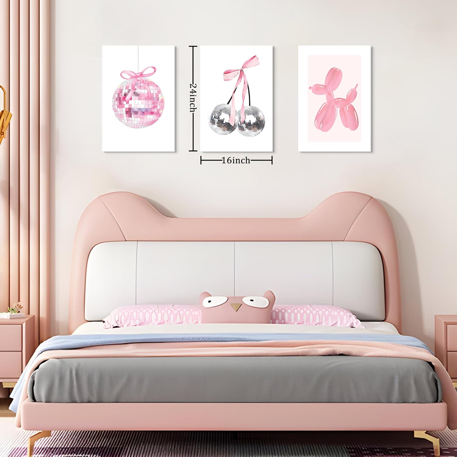 Framed Pink Disco Ball Wall Art Set of 3, Cute Cherry with Bows and Balloon Dog Posters Print, Trendy Pink Aesthetic Party Wall Decor for Teen Girls Bedroom Dorm Apartment 16x24 inch