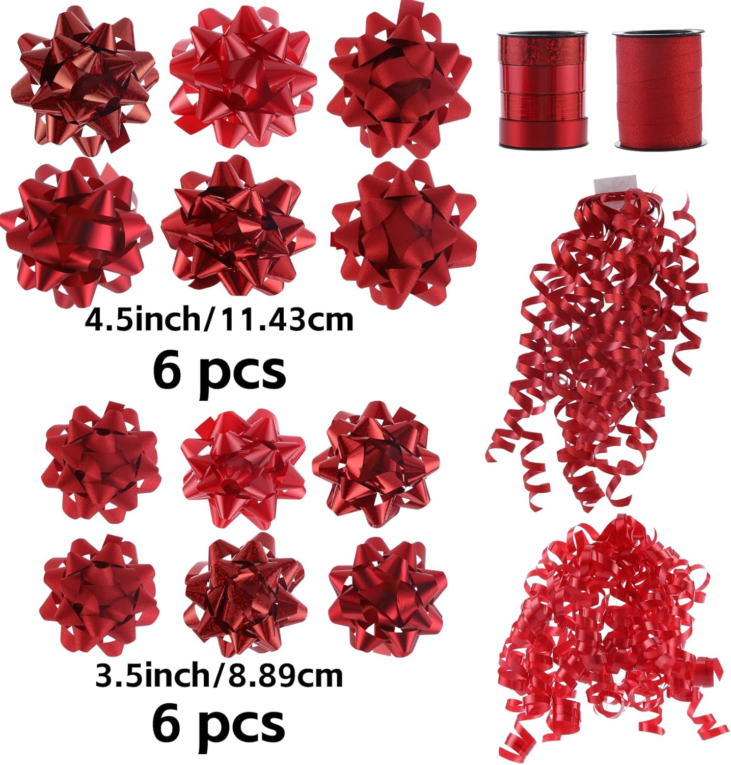 DYSHIPEN 16 Pcs Gift Bows,Bows for Gift Wrapping and Presents,2 Crimped Curling Ribbons,2 Curly Bows,Christmas Bows,for Parties, Birthdays, Weddings. (Red, 4.5in+3.5in) - Image 2