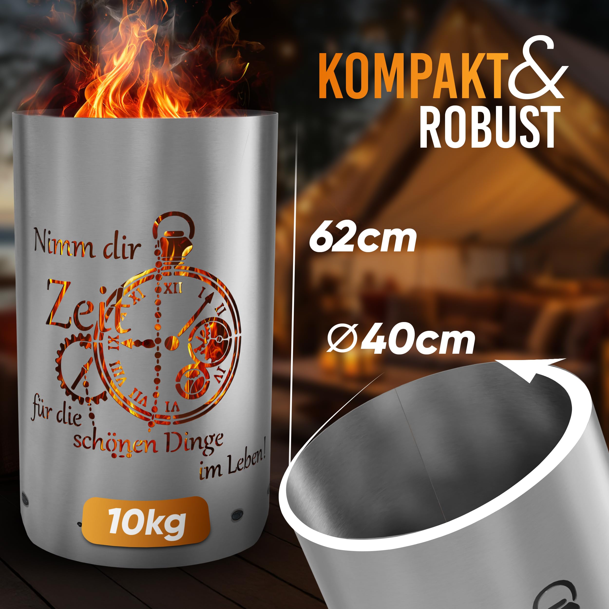 TiKo-Design® Feuertonne Feuerkorb mit Zeit Motiv – Nimm dir Zeit