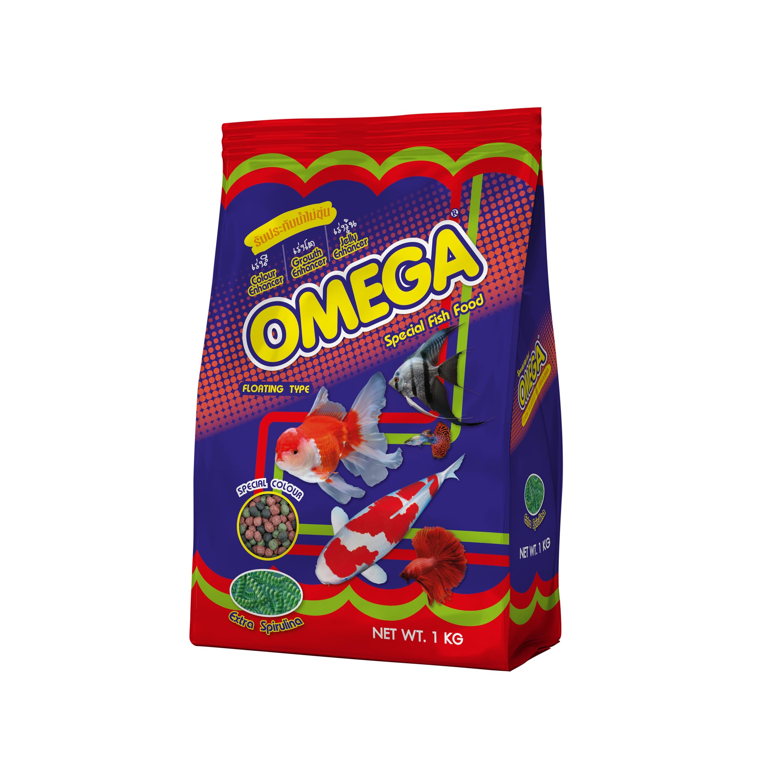 Omega One, Special Fish Food with Spirulina for Colour, Growth & Jelly Enhancer Floating Type Medium 5mm Pellet 500gm