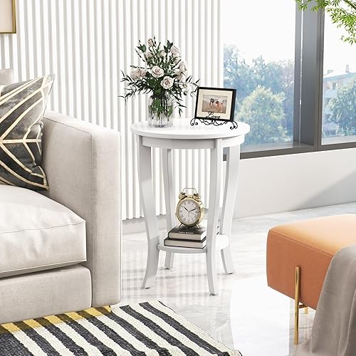 Miniatura 2 de KOTEK Mesa auxiliar redonda de 2 niveles, mesa auxiliar con estante de almacenamiento, mesita de noche moderna con patas de madera de goma maciza,