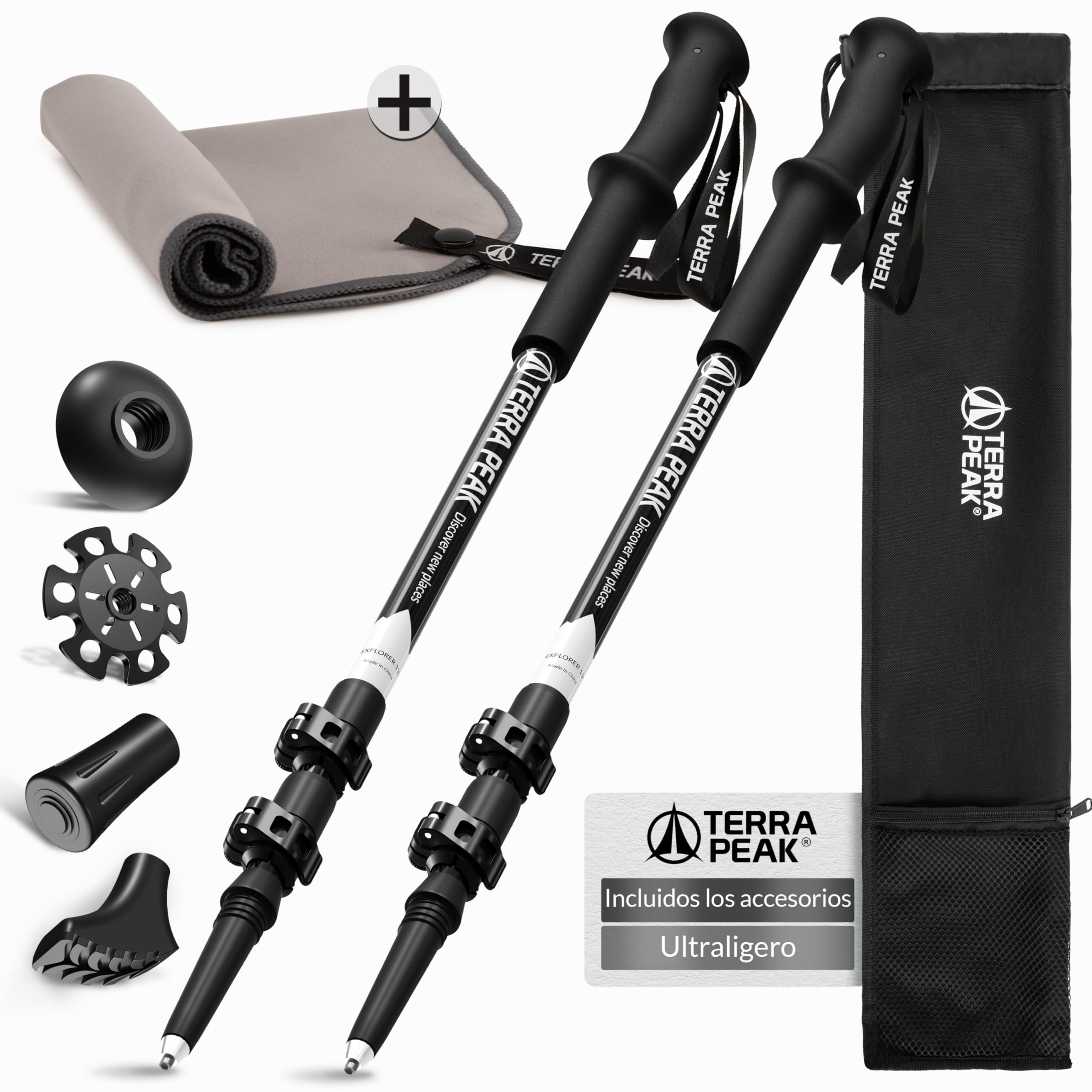 Terra Peak® Bastones de Senderismo telescópicos de Carbono o Aluminio (Plegables, ultraligeros, Extensibles) - Palos Trekking y Nordic Walking para Hombre y Mujer con Toalla Gratis