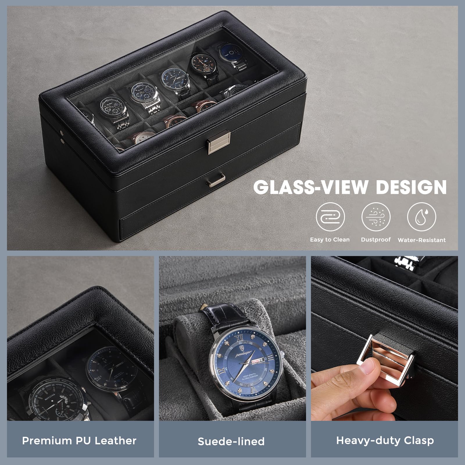 Scatola Porta Orologi da Uomo, Organizer per Gioielli con cassetto, vetrina con Coperchio in Vetro - Nero, 12 Scomparti