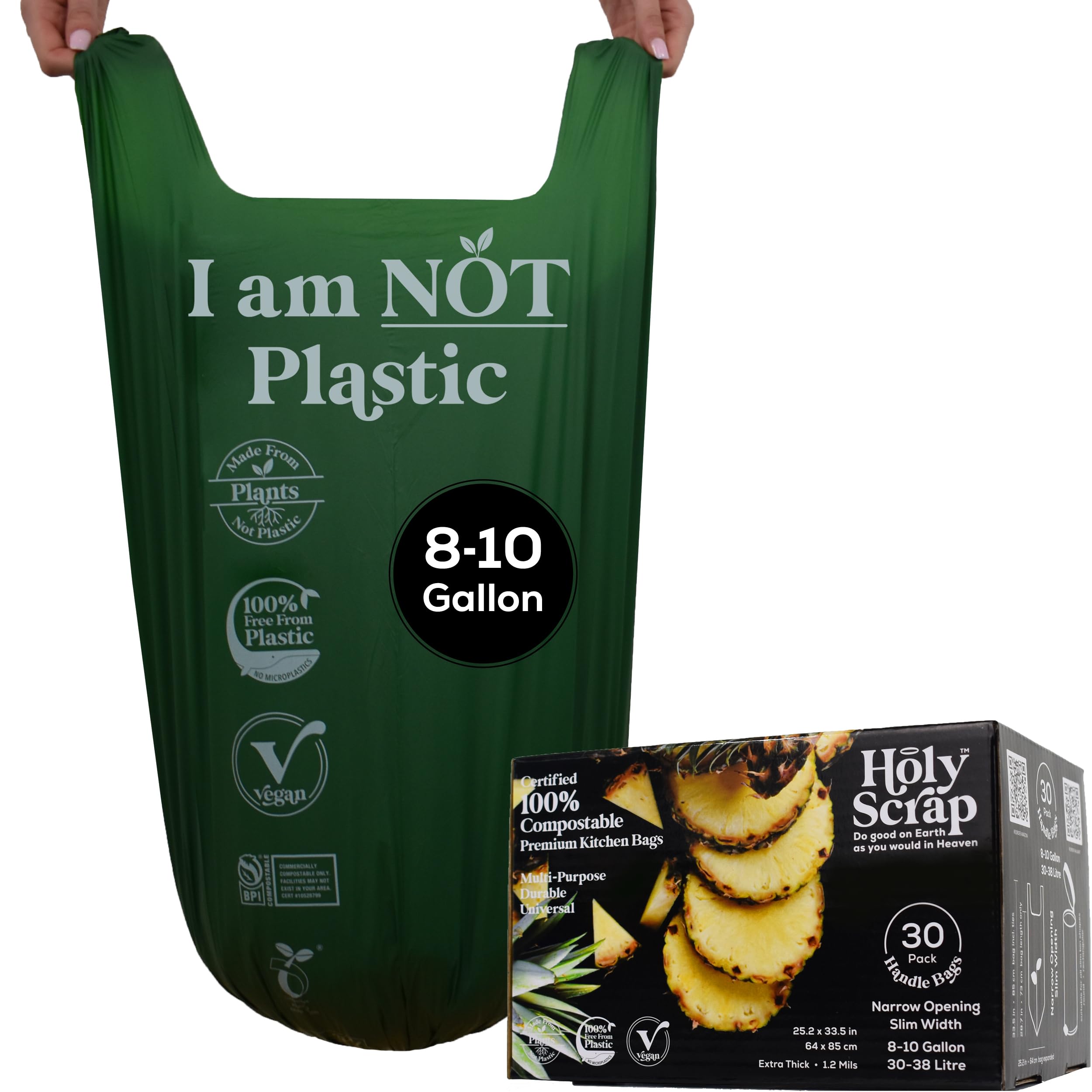 Large Slim Compostable Trash Bags - 8-10 Gallon, 30 Pack | Plastic-Free Tall Kitchen Garbage Bags & Liners with Easy-Tie Handles | Thick Bin Bag Liners for Green & Food Waste