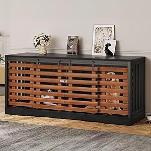 DWVO 71" Double Dog Crate Furniture for 2 Dogs with Sliding Fence Door, Heavy Duty Dual Dog Kennel TV Stand Large Dogs, Indoor Decorative Wooden 2 Dog Cage Table for Living Room, Black & Walnut