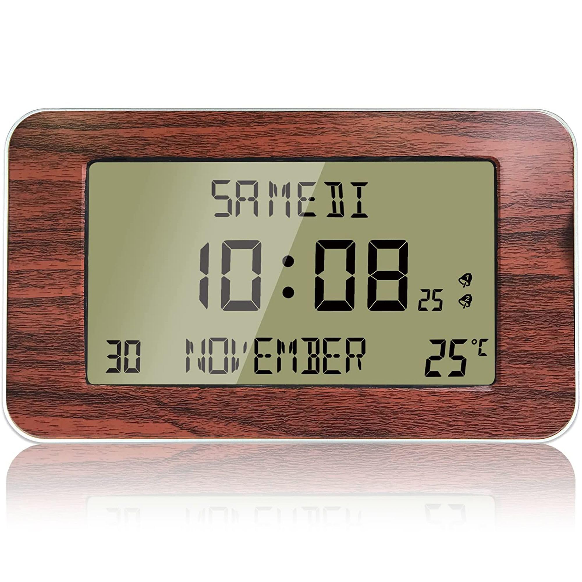 FISHTEC Horloge Réveil Numérique Murale Radiopilotée Grands Chiffres 6 Langues 2 Alarmes Température