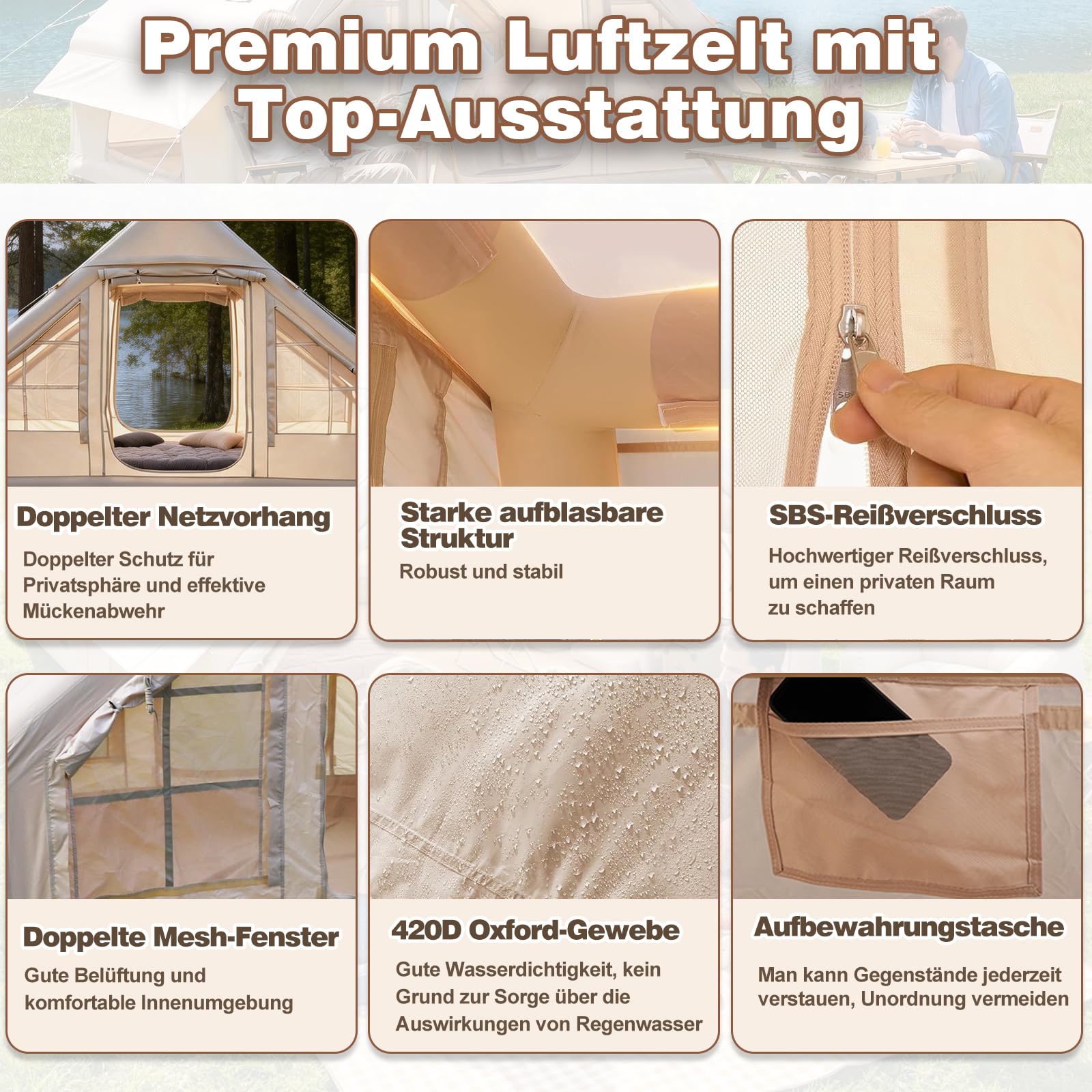 Aufblasbares Campingzelt mit Kaminöffnung & Dachfenster, Aufblasbare Zelt für 2-10per mit Luftpumpe, Zelt Aufblasbar aus Wasserdichtem Oxford-Stoff für Jahreszeiten, Schneller Aufbau Luftzelte