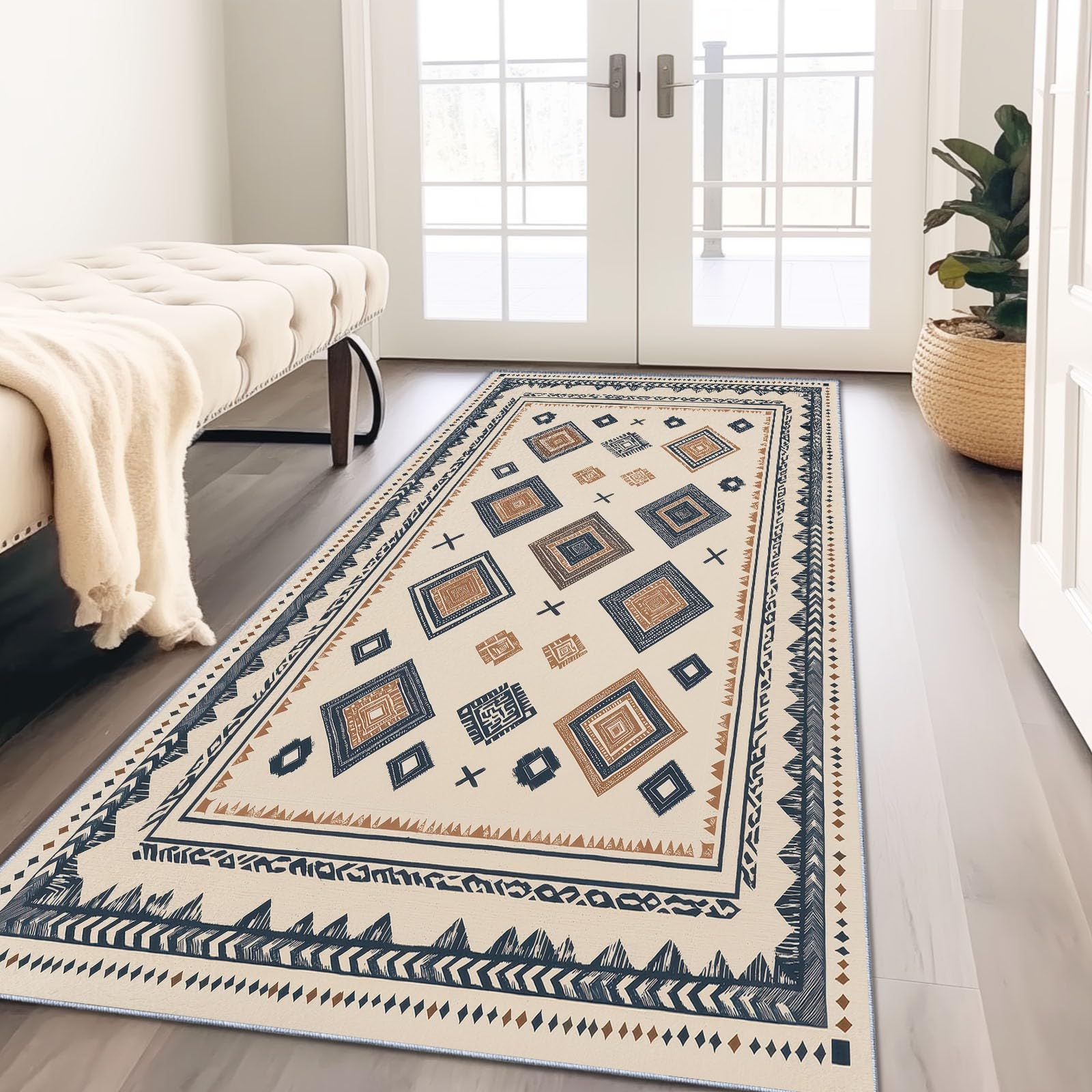 Tapis Couloir Long 80 x 240 cm Antidérapant, Bohémien Ethnique Totem Géométrique Losange Tapis de Passage Lavable en Machine pour Cuisine, Chambre, Balcon, Doux Poil Ras Descente de Lit Decor, Beige