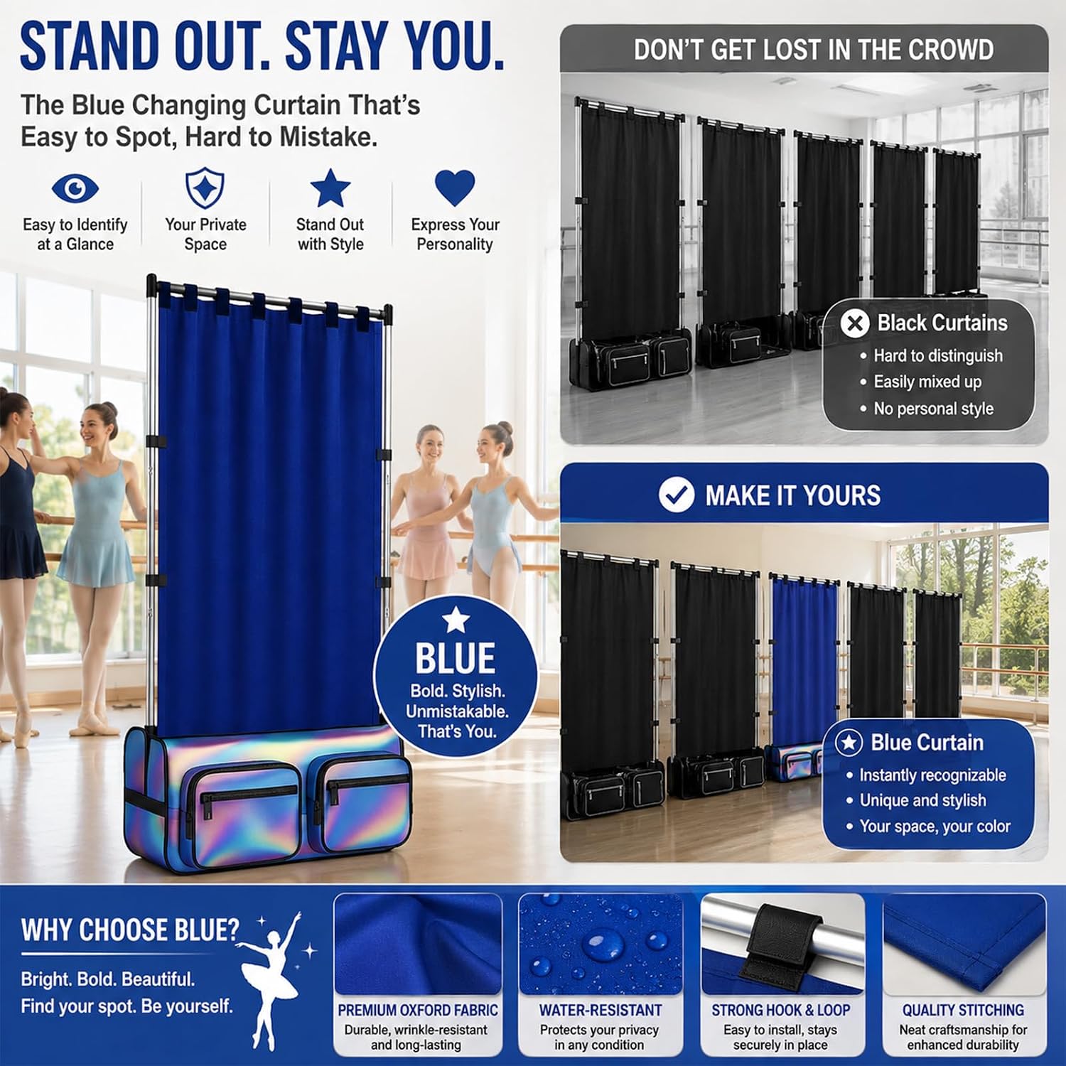 Privacy Curtain for Dance Bag, Portable Dancer Changing Curtain with Storage Bag, Backstage Changing Room for Dance Competitions, Training, Camping Fits Standard Racks - Blue (Curtain ONLY) image 4