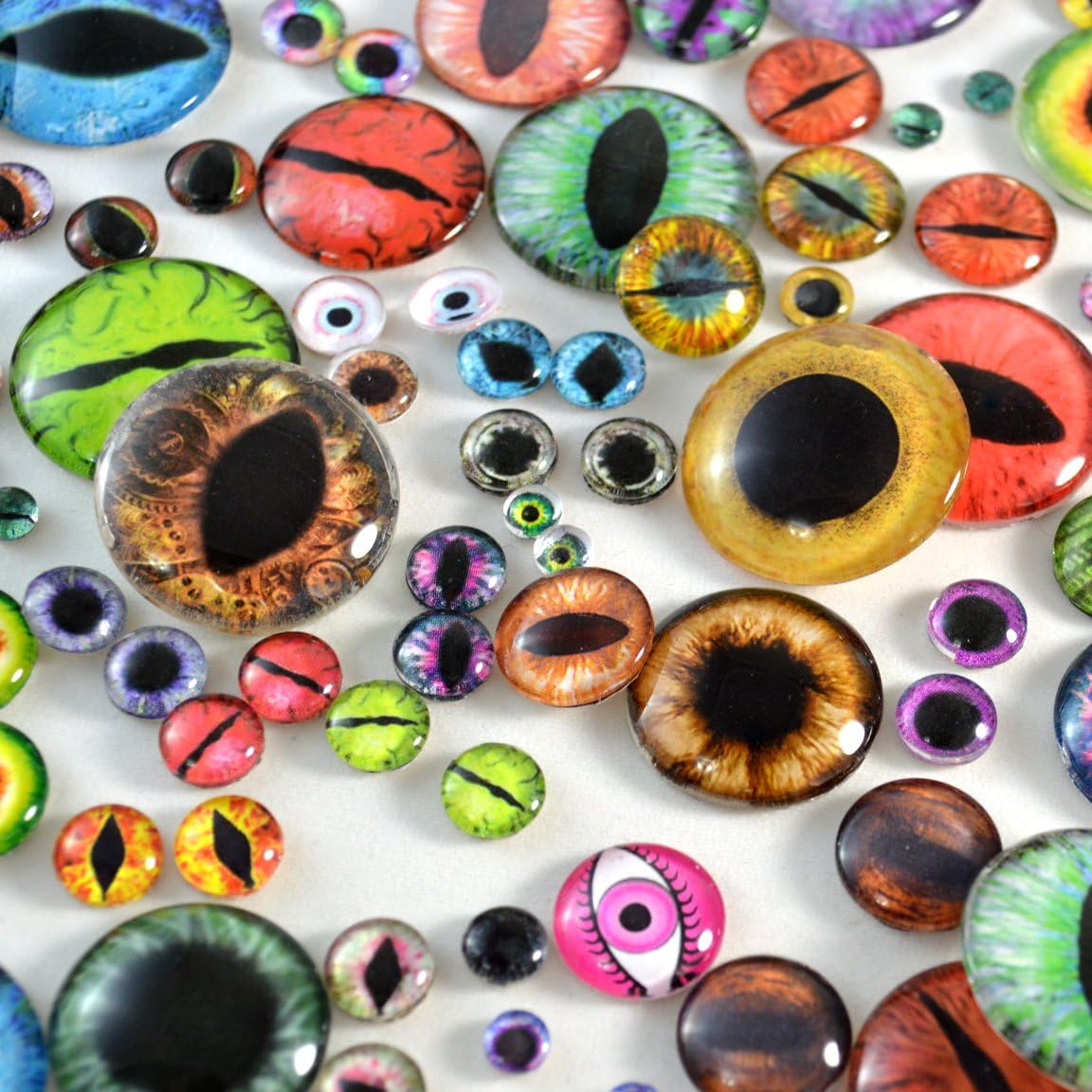 Bulk Glass Eye Lot of 100 - Discount Wholesale 50 Pairs in Mixed Sizes and Random Designs - Flatback Cabochons - Fantasy Steampunk Glass Eyes for Jewelry Making Art Doll Sculptures and More