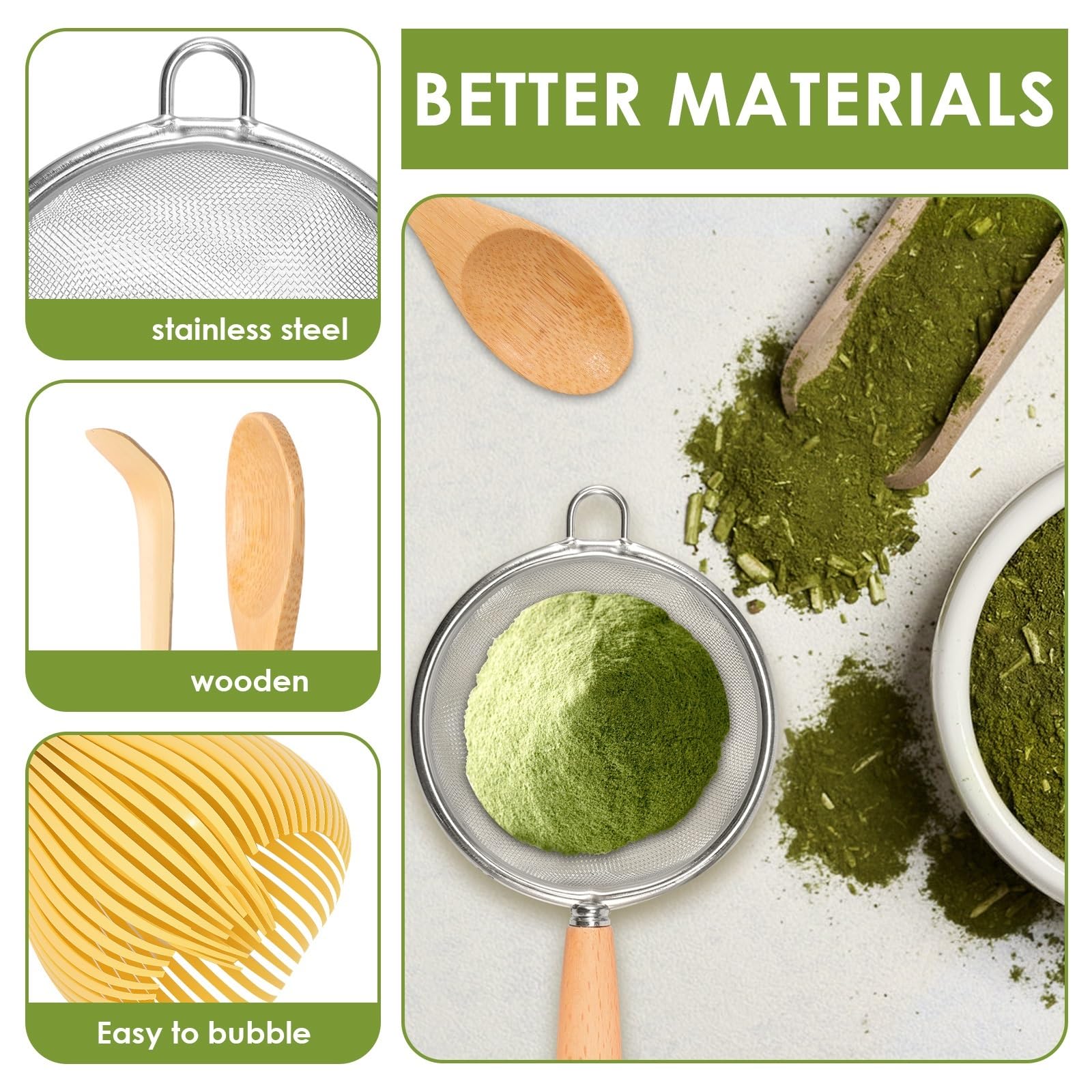 Juego de 5 batidores de matcha. Práctico juego de matcha. Incluye soporte for batidor, batidor de matcha, colador, cuchara for té y cuchara for té. Preparación de matcha. Juego de Té Matcha