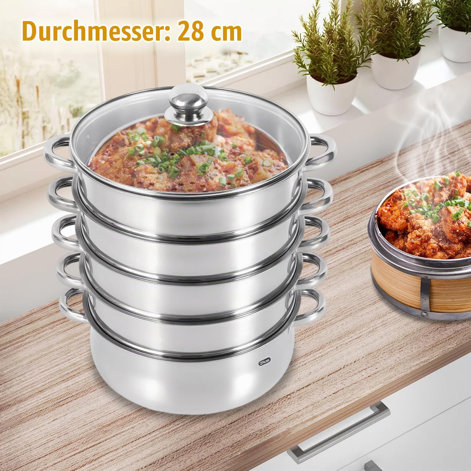 5-Lagiger Edelstahl Dampfkocher Dampfgarer Induktion Dampfgarer Dampfkocher Edelstahl Dampfgarer-Set 5-Lagiger mit Glasdeckel für Gemüse, Fisch, Suppe, Knödel (28CM)