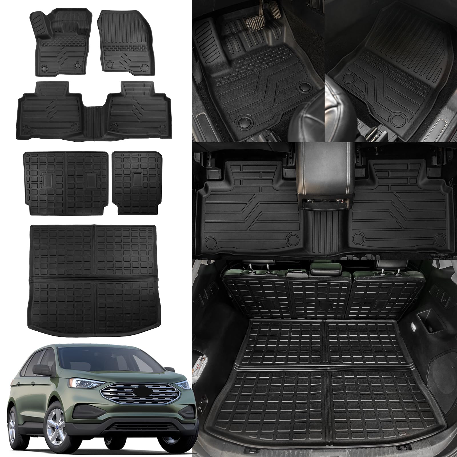 Rongtaod Floor Mats Compatible with 2015-2024 Ford Edge 5-Seater (Not Fit SEL) Cargo Mat Trunk Liner Back Seat Cover Protector 2023 Edge Accessories (Floor Mats+Trunk Mat+Backrest Mats)