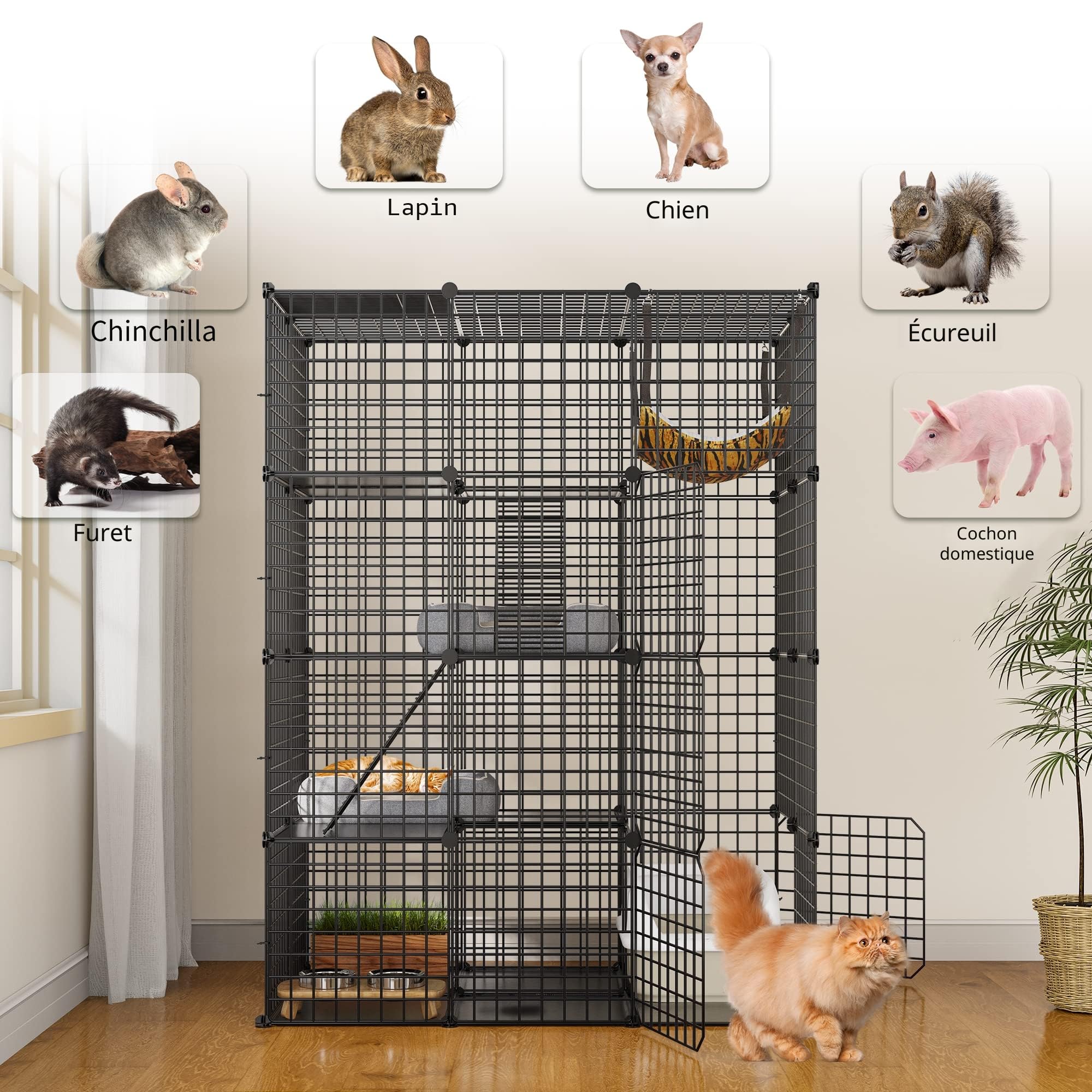 YITAHOME Grande Cage pour Chat d'intérieur, Enclos en Fil Métallique 4 Niveaux avec 4 Portes, 3 Échelles, Hamac, pour 1-3 Chats Lapin Chinchilla Noir